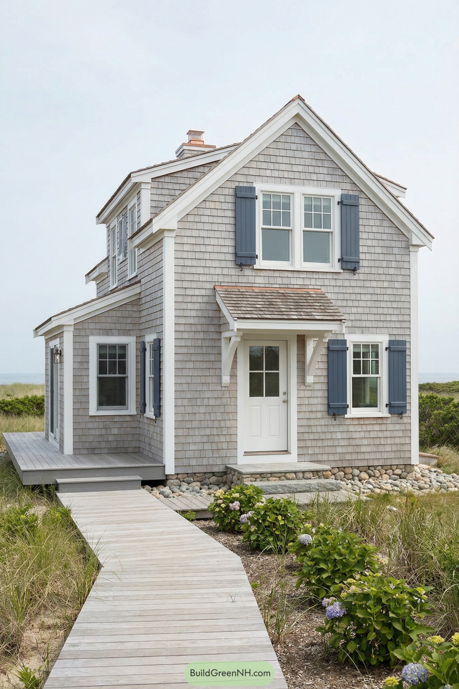 Coastal shingle cottage with blue shutters and a boardwalk path through dune plantings