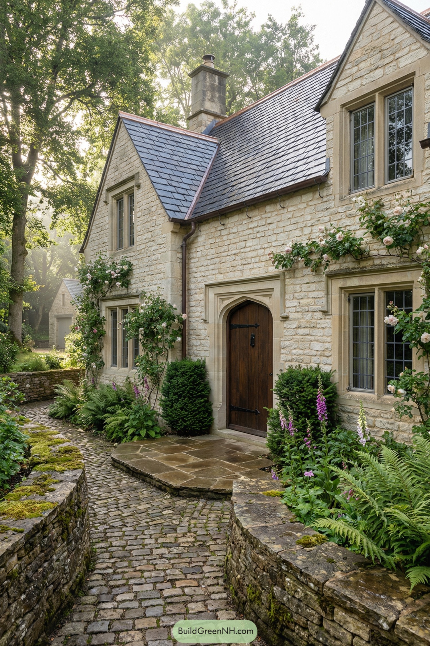 Stone cottage with slate roof, arched wooden door, and cobblestone path framed by lush greenery and climbing roses
