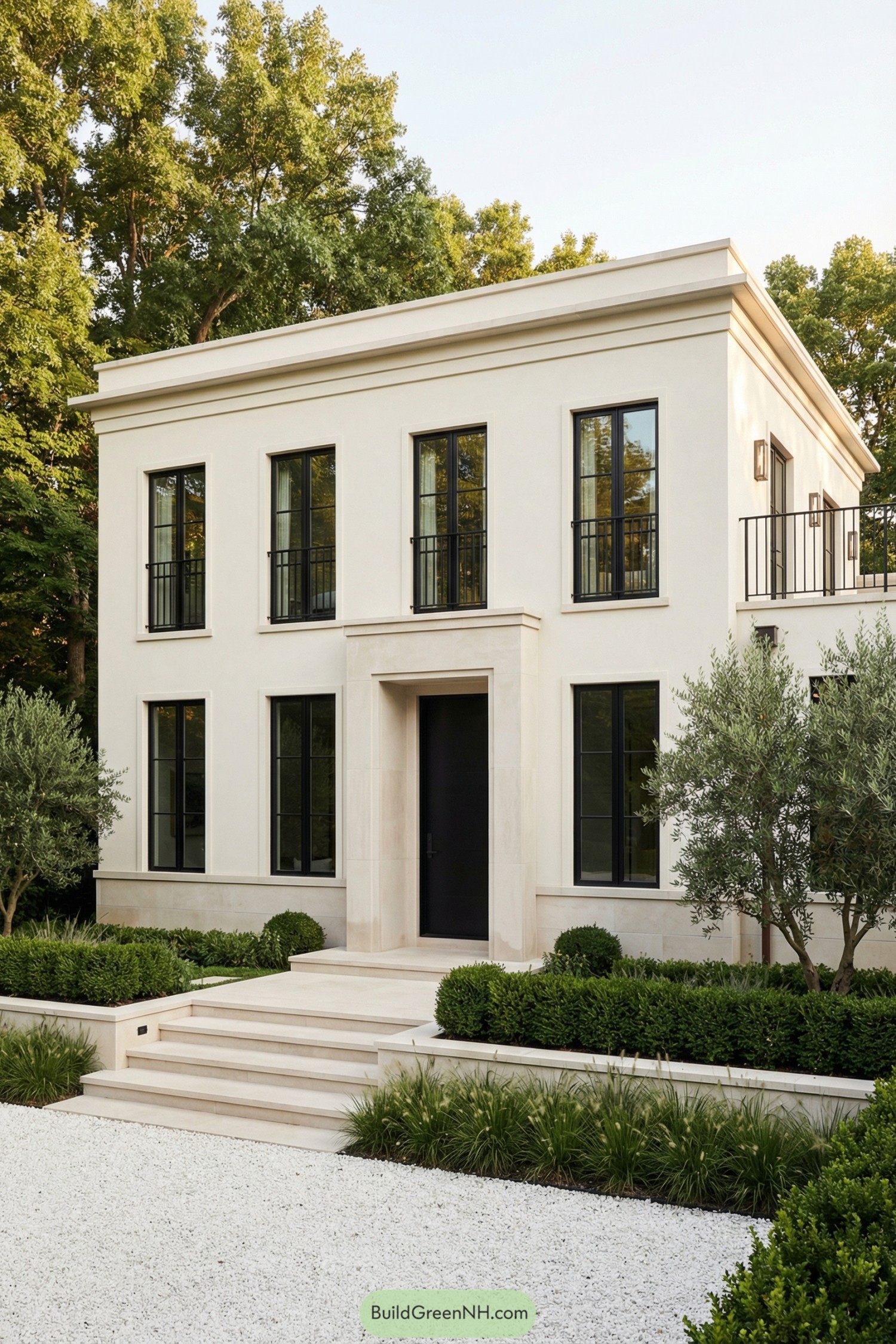 Cream neoclassical townhouse with tall black windows and manicured front garden