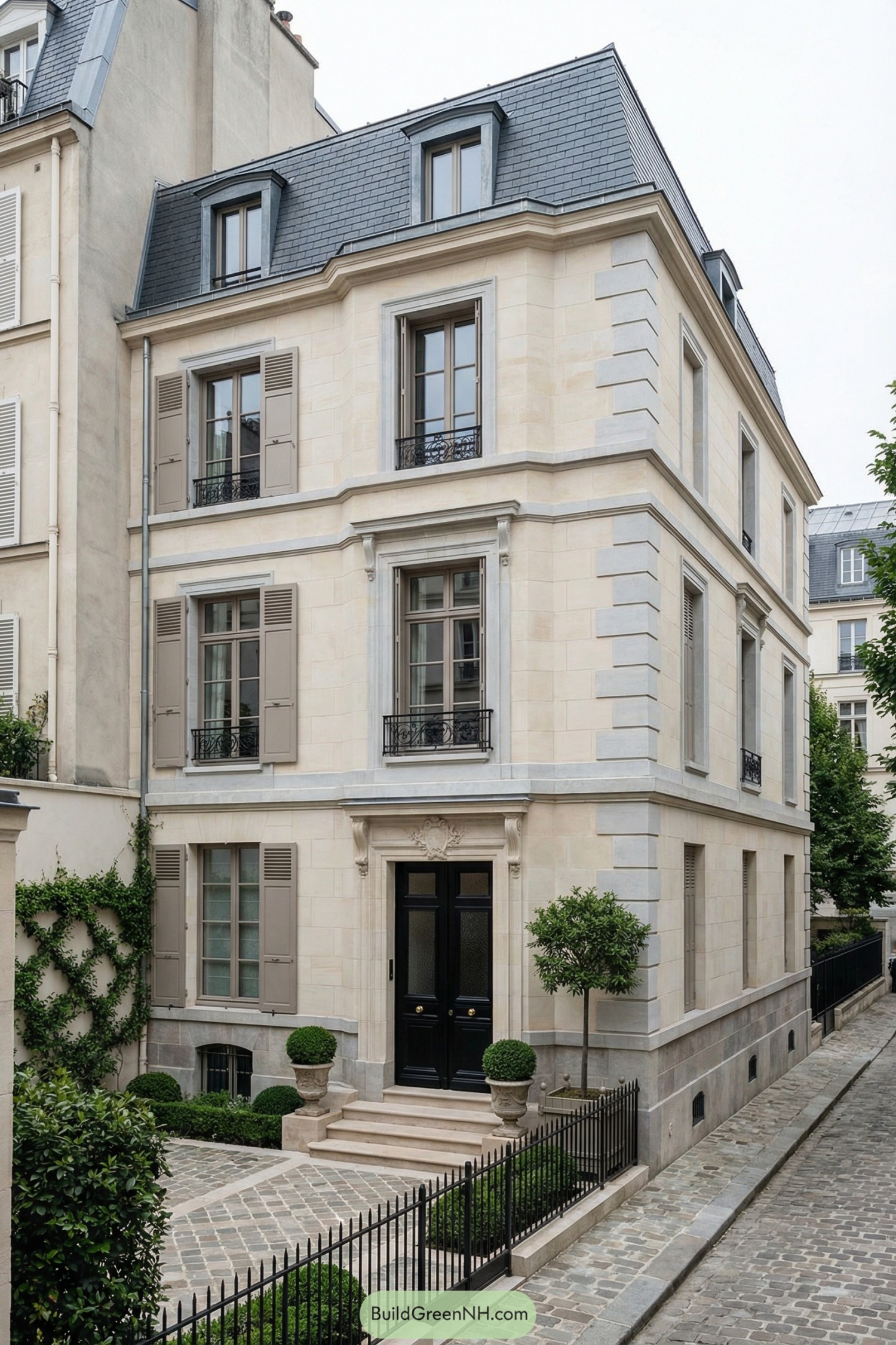 Elegant limestone townhouse with mansard roof, tall windows, and a small formal cobblestone entry court