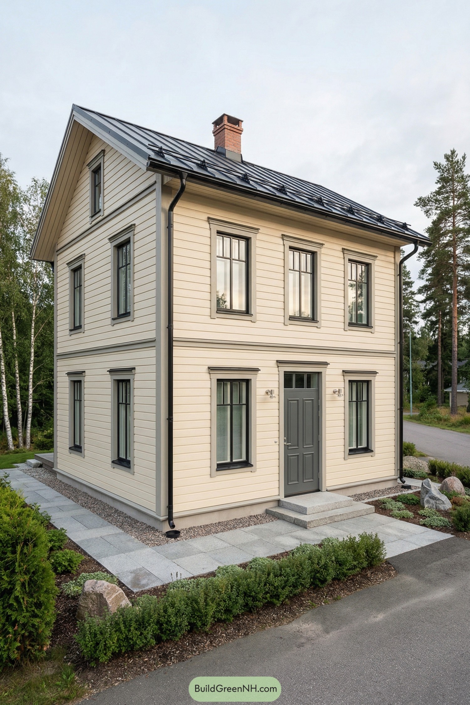 Cream two-story house with gray trim