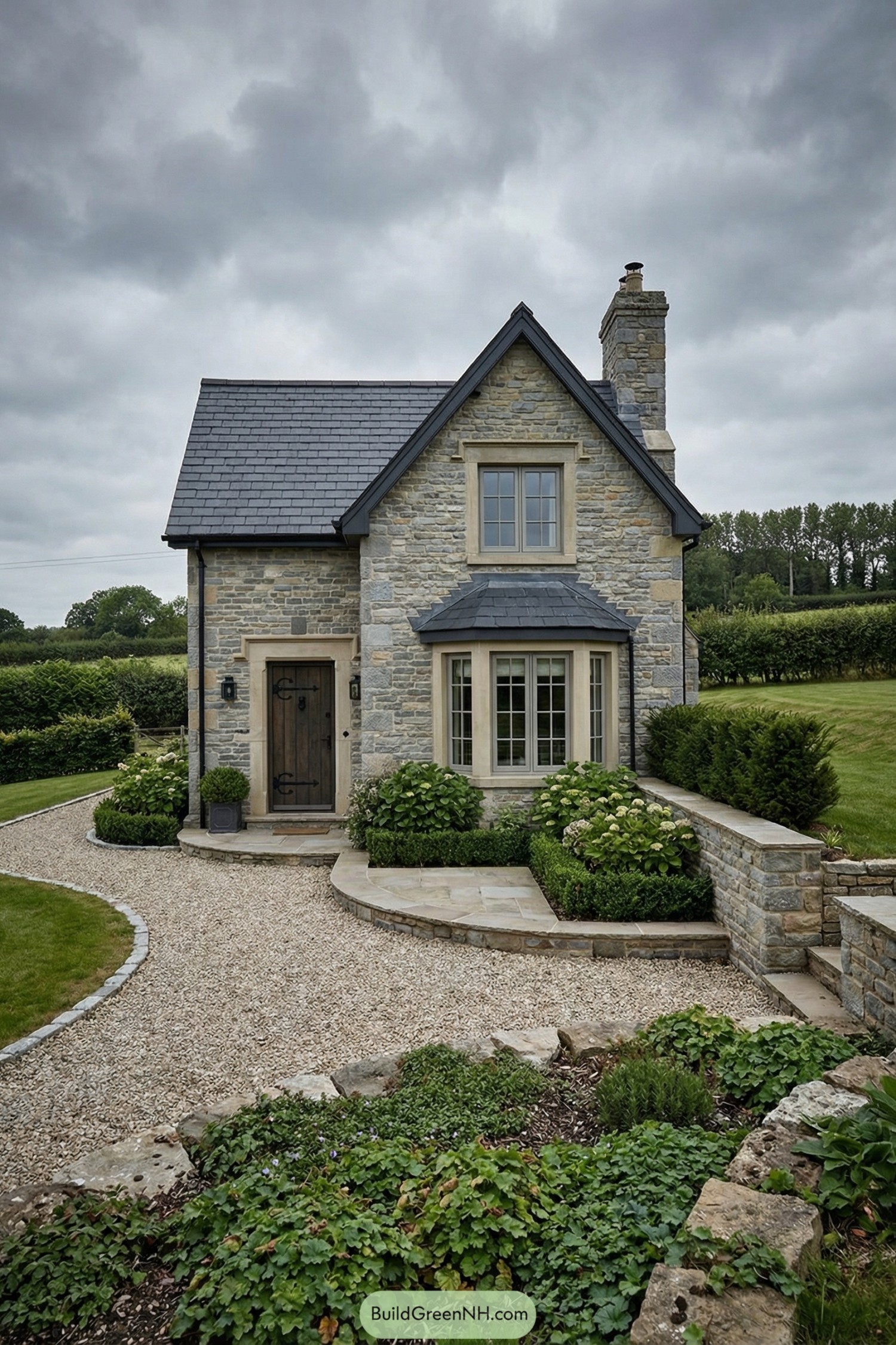 Compact stone cottage with slate roof, arched bay window, and gravel path framed by manicured shrubs