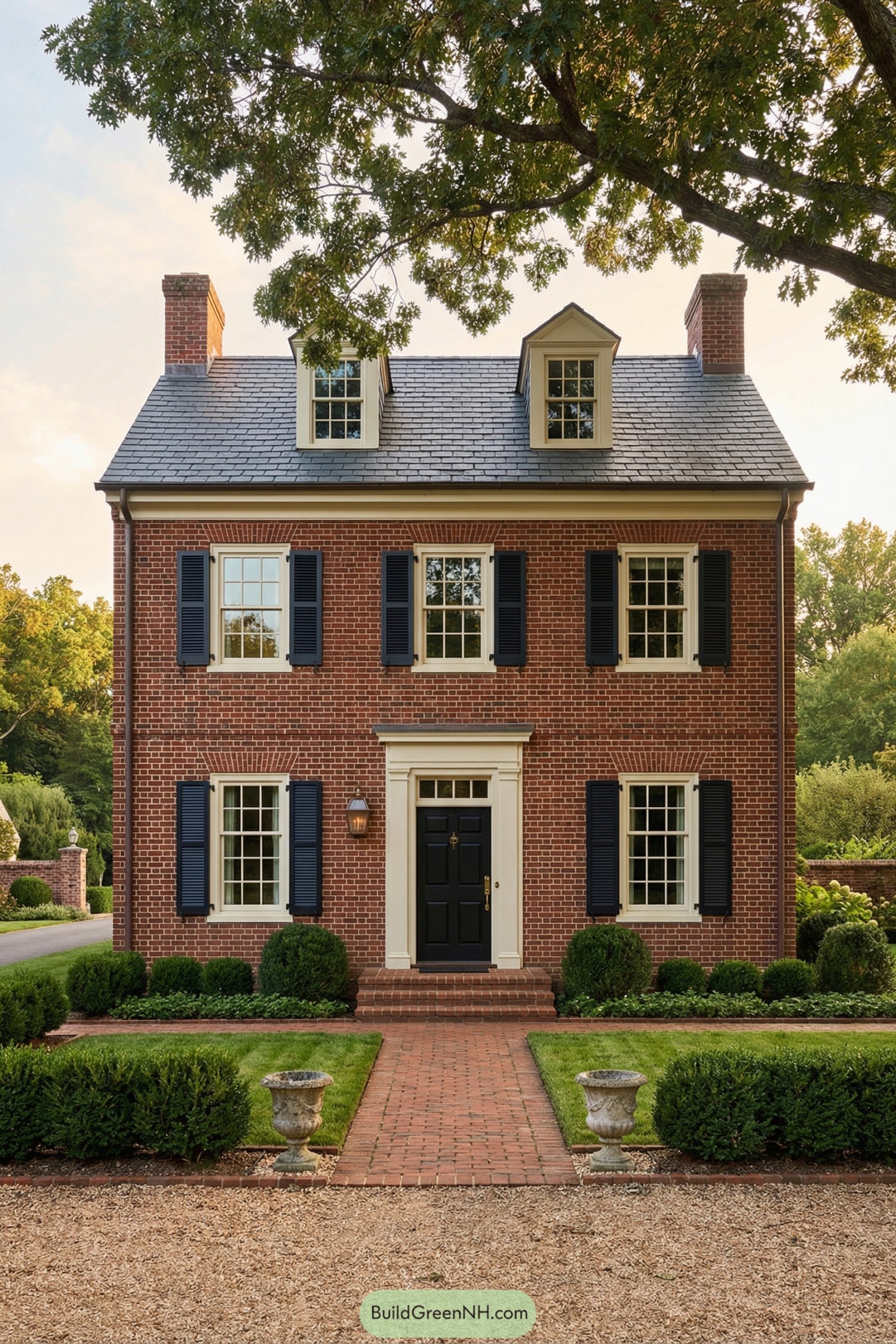 Red brick three story house with black shutters, dormer windows, and a neat brick path flanked by low hedges