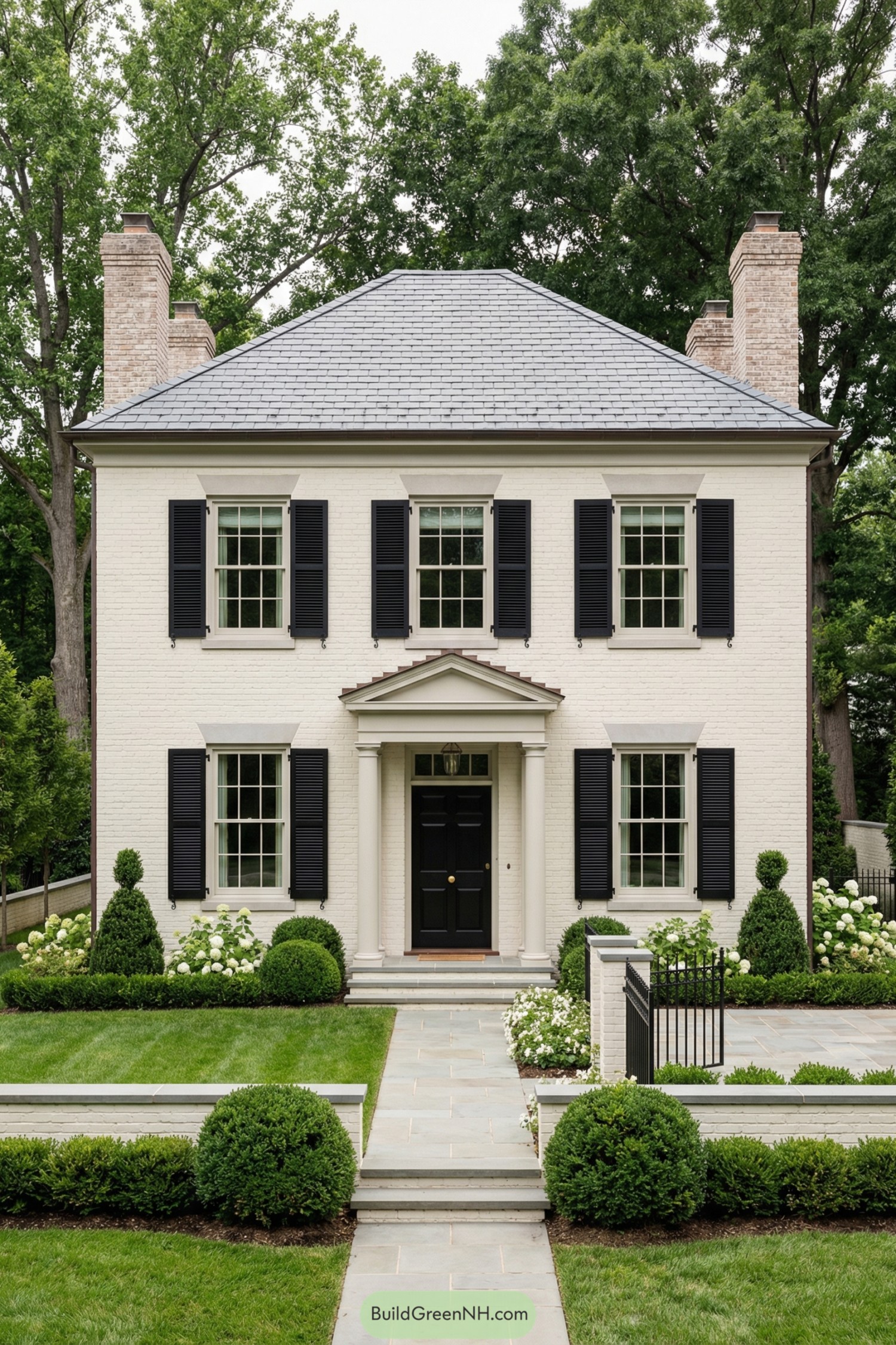Cream brick two story house with black shutters, manicured boxwood hedges, and a central stone walkway