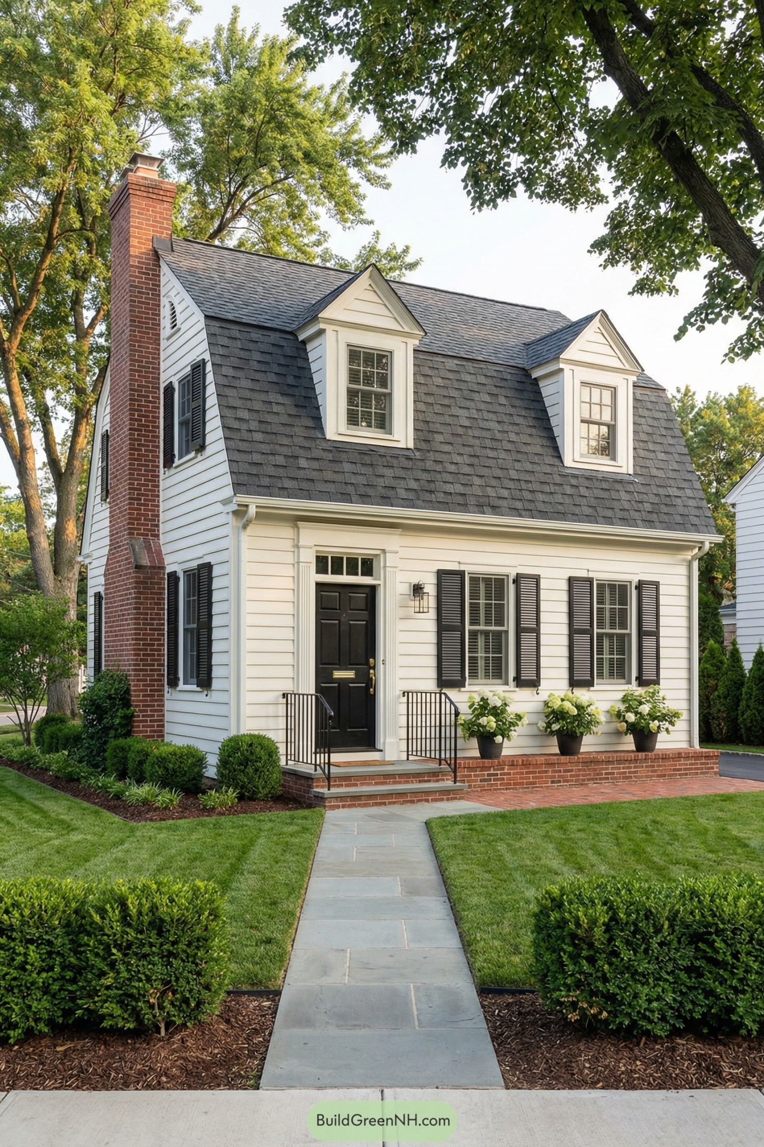White clapboard cottage with gambrel roof, black shutters, brick chimney and manicured front lawn