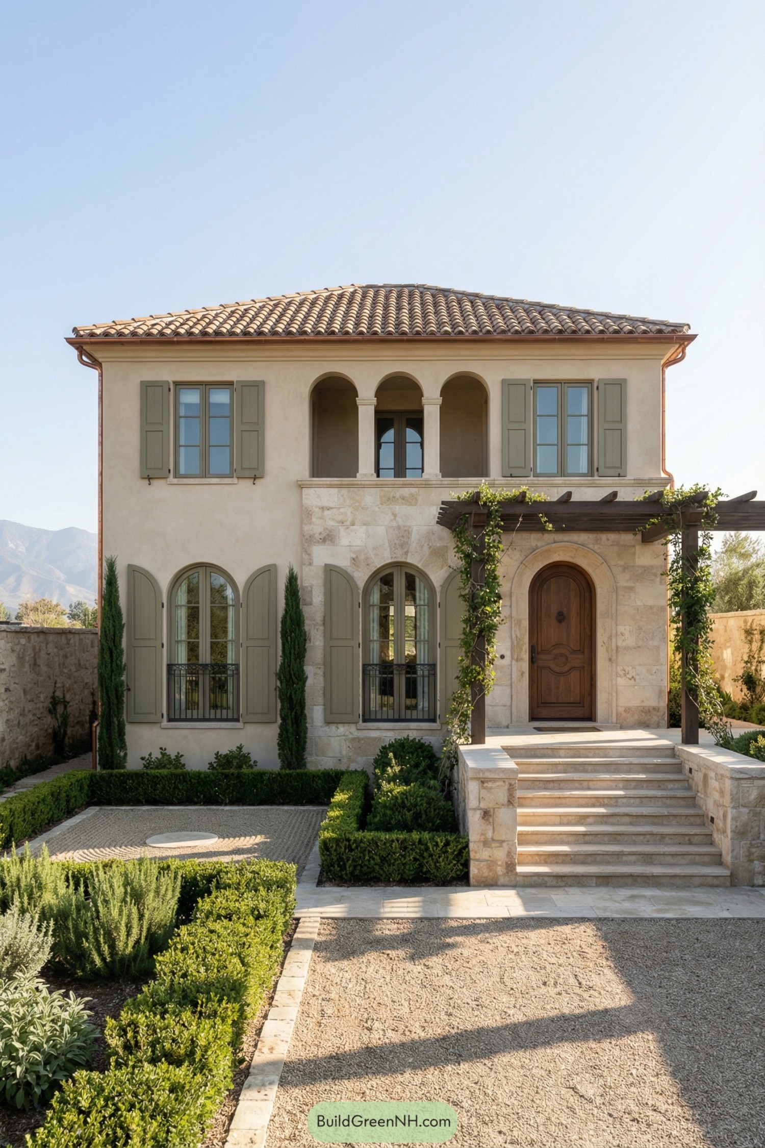 Two story Mediterranean style villa with arched windows, green shutters, stone facade, and manicured courtyard framed by hedges and cypress trees