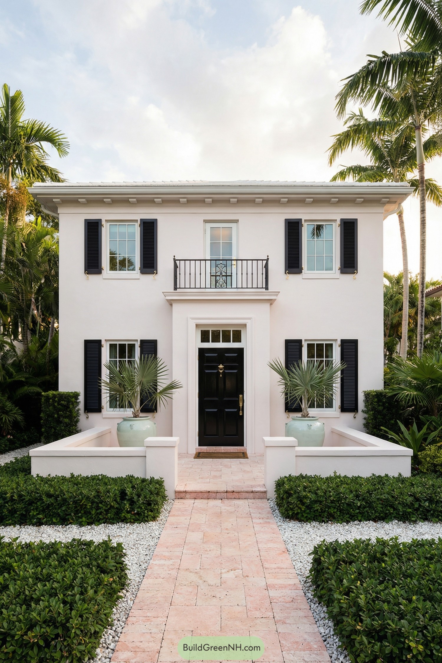 Creamy two story villa with black shutters fronted by palms and a neat hedge framed walkway