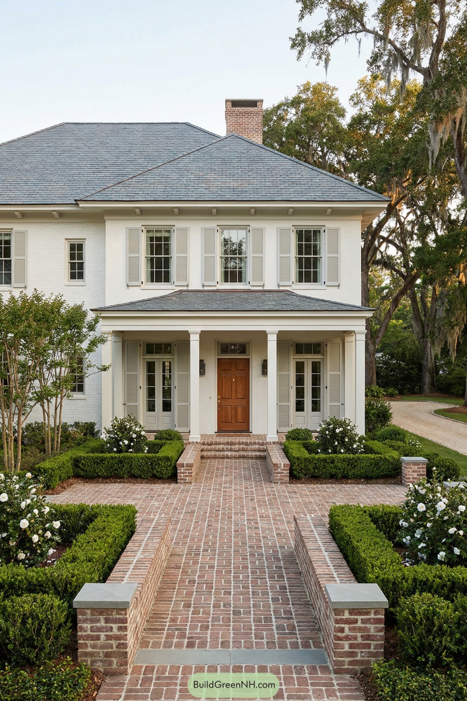 White brick manor with slate roof, shuttered windows, and a formal brick walkway framed by boxwood hedges