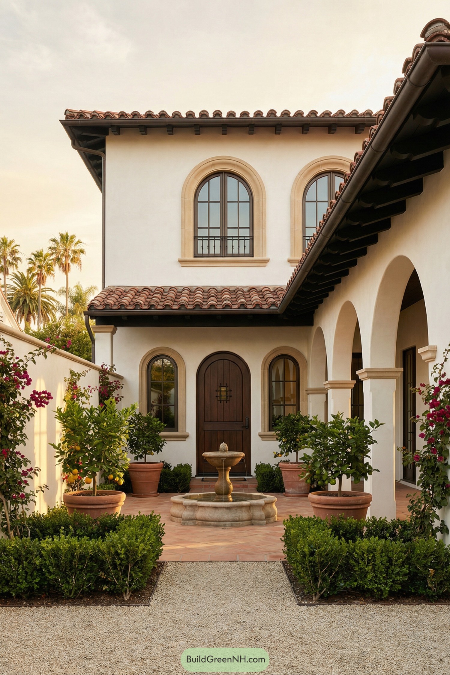 Mediterranean courtyard house with arched colonnade and central stone fountain