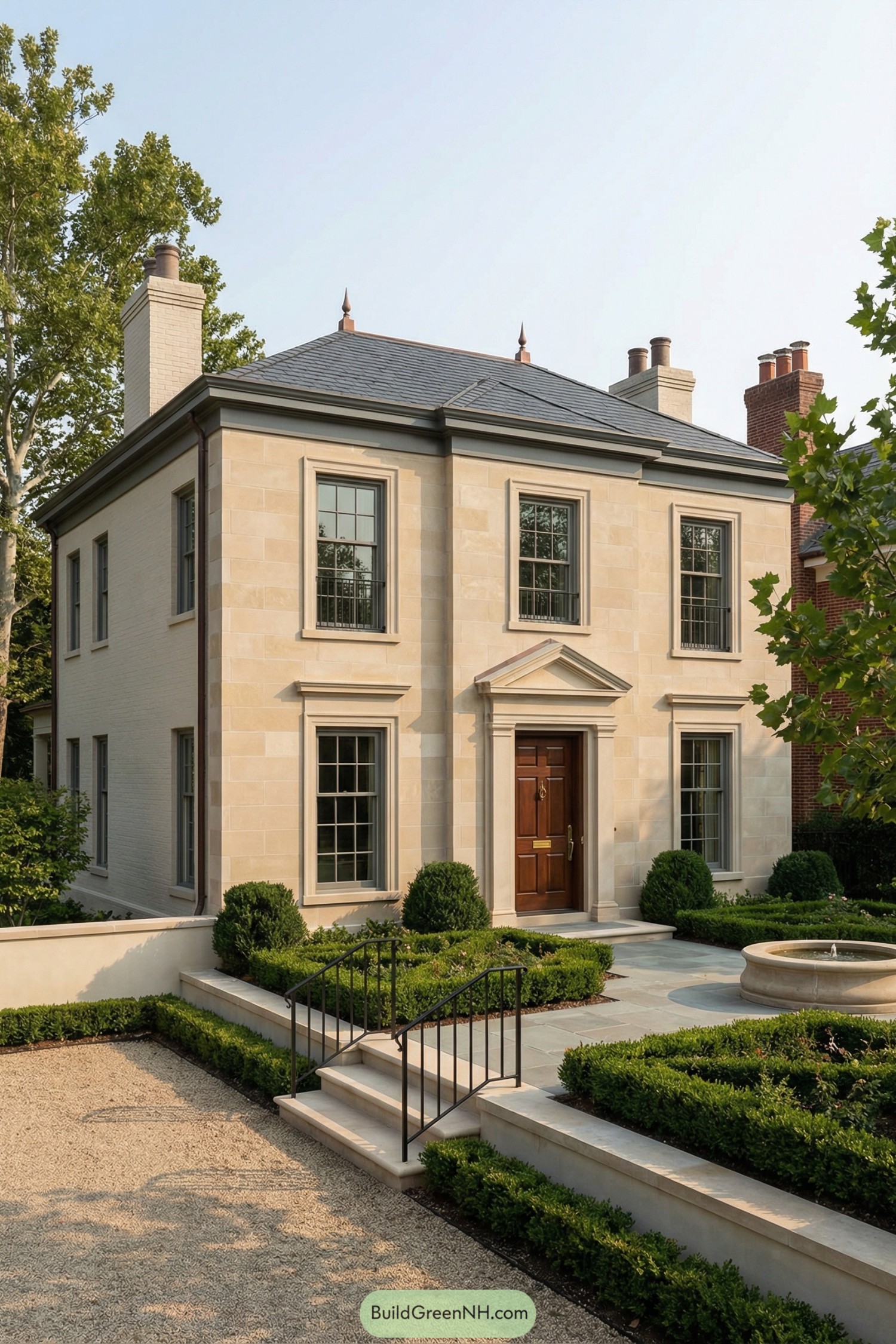 Two story stone townhouse with manicured hedges and a small fountain
