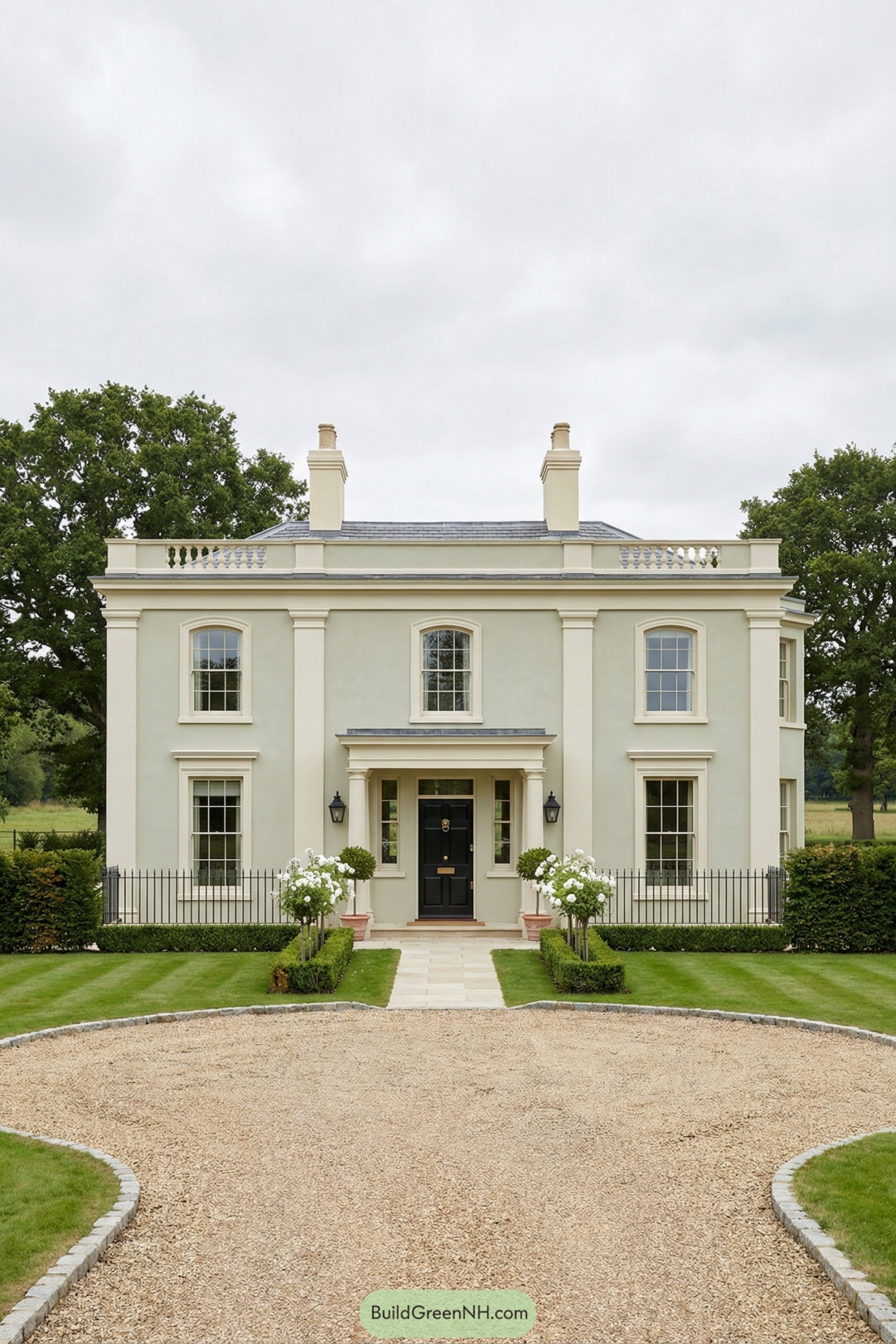 High-res photo of a Small Luxury Old Money Style House with an English Country Regency facade, understated and finely proportioned with clean pilasters; colors in pale sage limewash with ivory trim and black metal accents; compact elongated rectangle with a central entrance bay and slight end pavilions; materials of smooth stucco over brick, with stone plinth and crisp molded cornice; low-pitched roof hidden behind a parapet, edged with a simple balustrade and punctuated by two cream chimneys; tall sash windows with delicate glazing bars, some with shallow curved tops, framed by minimal architraves; a black painted door with brass lion-head knocker and narrow sidelights, set beneath a shallow portico supported by slender columns; a semicircular gravel sweep in front, bordered by low stone edging and a straight limestone path to the door; landscaping of manicured lawn, clipped beech hedges, white rose standards in pots, and a small ha-ha line implied beyond the grass; surrounding environment of open parkland with scattered oaks and a distant tree line; setting under an overcast bright sky producing soft, even illumination, single real-life photo, high-resolution, architectural photography, soft lighting, cinematic composition, strictly no collages.