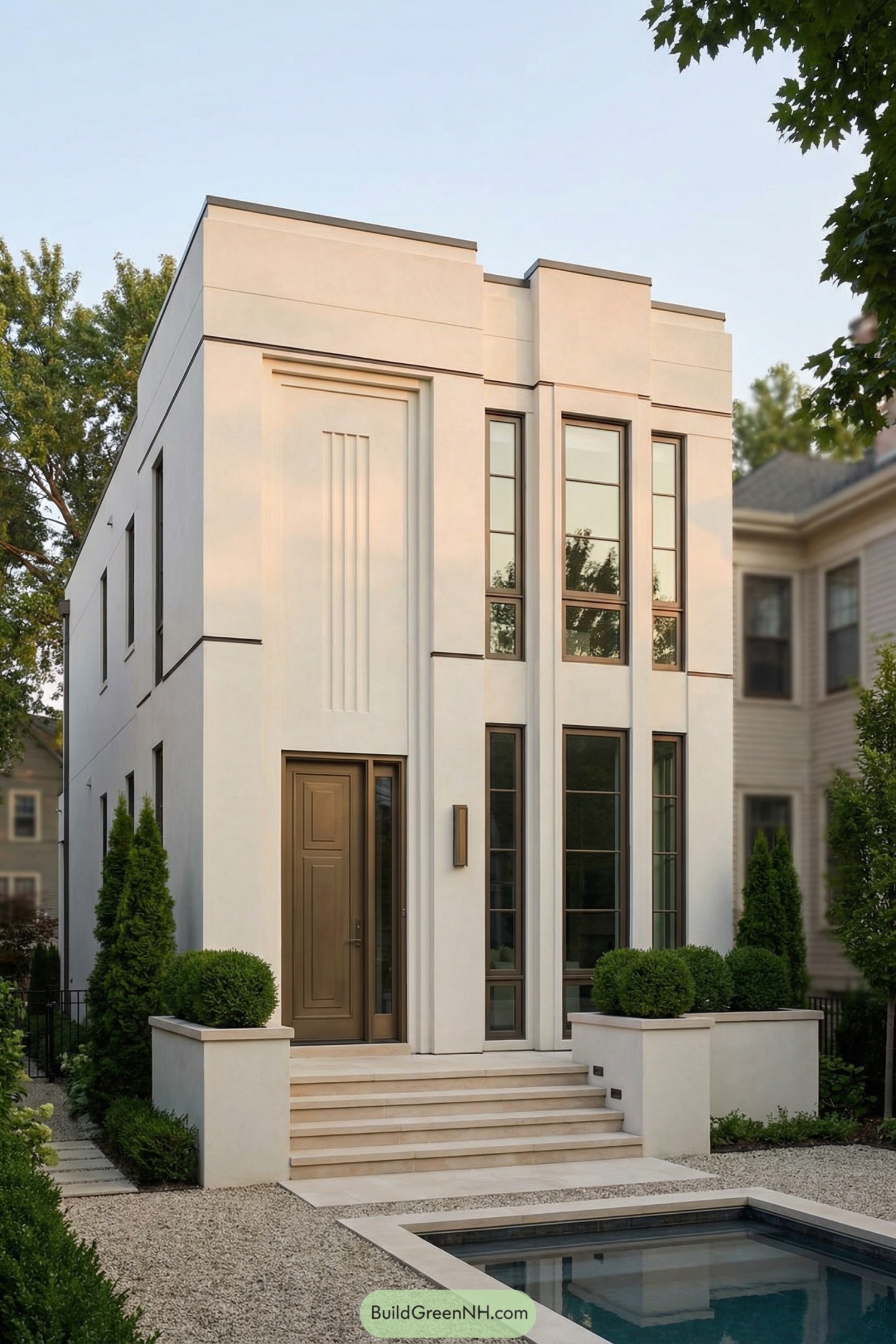 Tall cream stucco townhouse with bronze windows, clipped hedges, and a small front plunge pool
