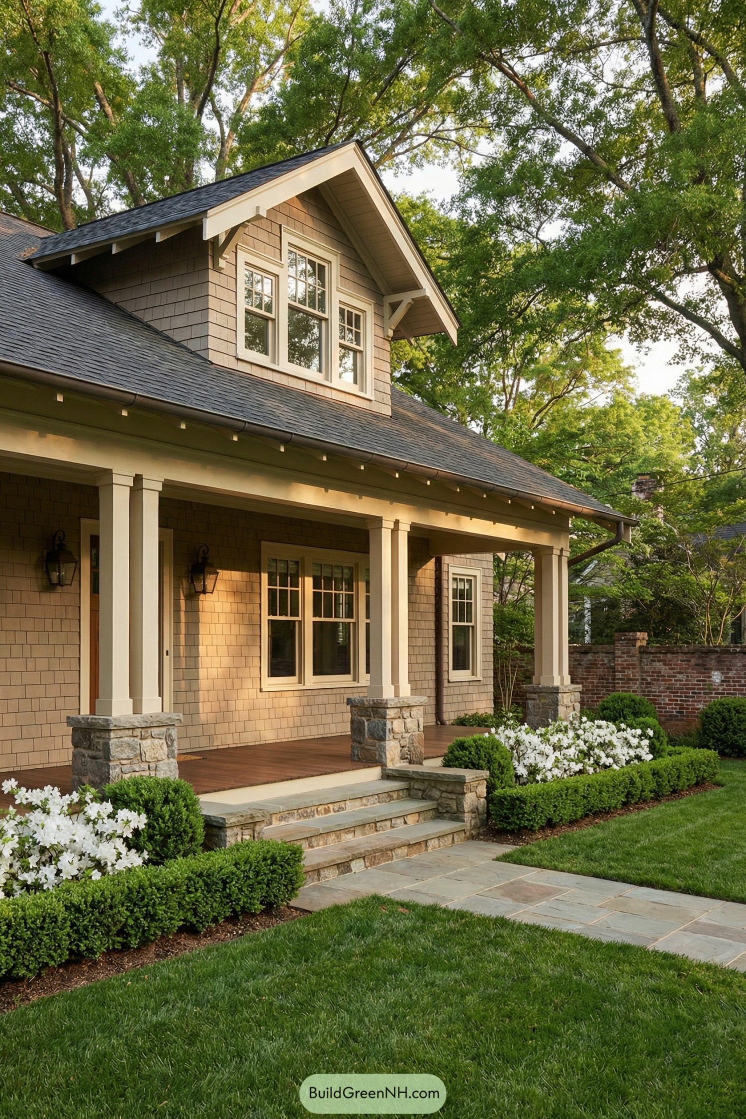 Shingled Craftsman cottage with deep front porch, stone-based columns, and manicured garden