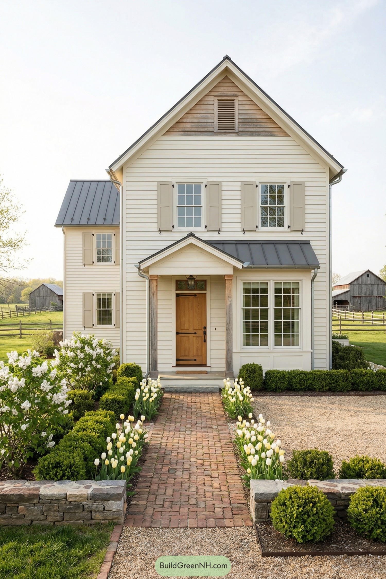 Cream clapboard farmhouse with brick path and tulip-lined entry garden