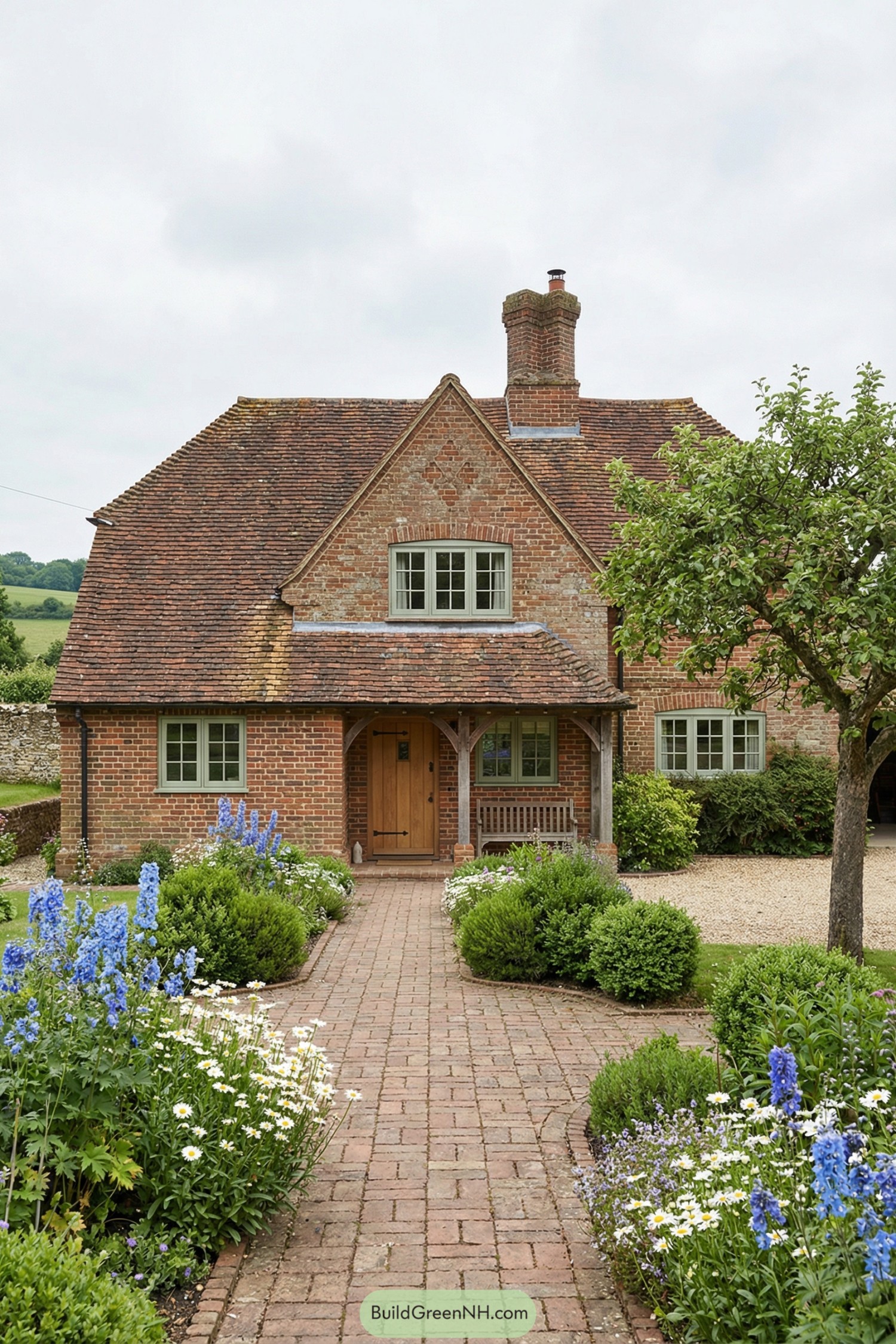 Brick cottage with flower-lined path