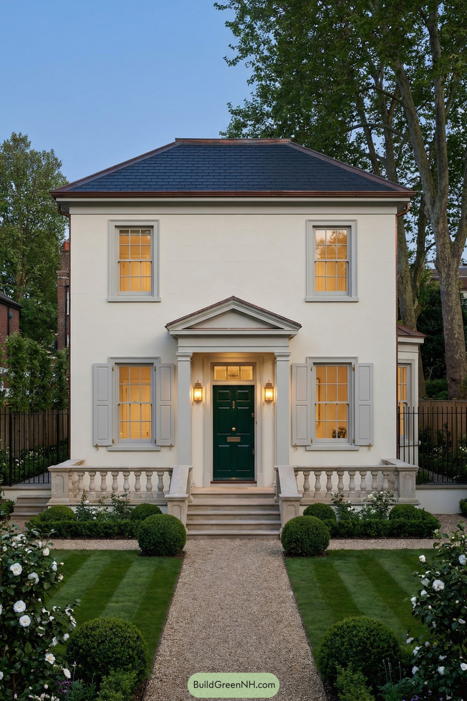 Creamy stucco two story house with green door and formal front garden