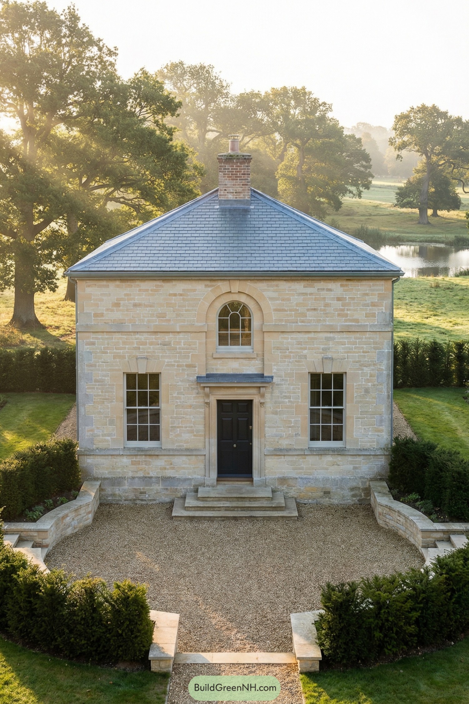 Small stone country house with hipped slate roof and symmetrical classical front