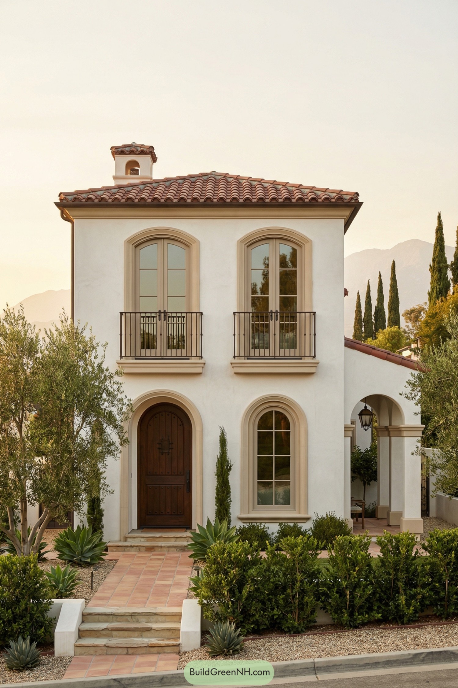 Compact Spanish-style two story house with red tile roof, arched windows, and drought tolerant front garden