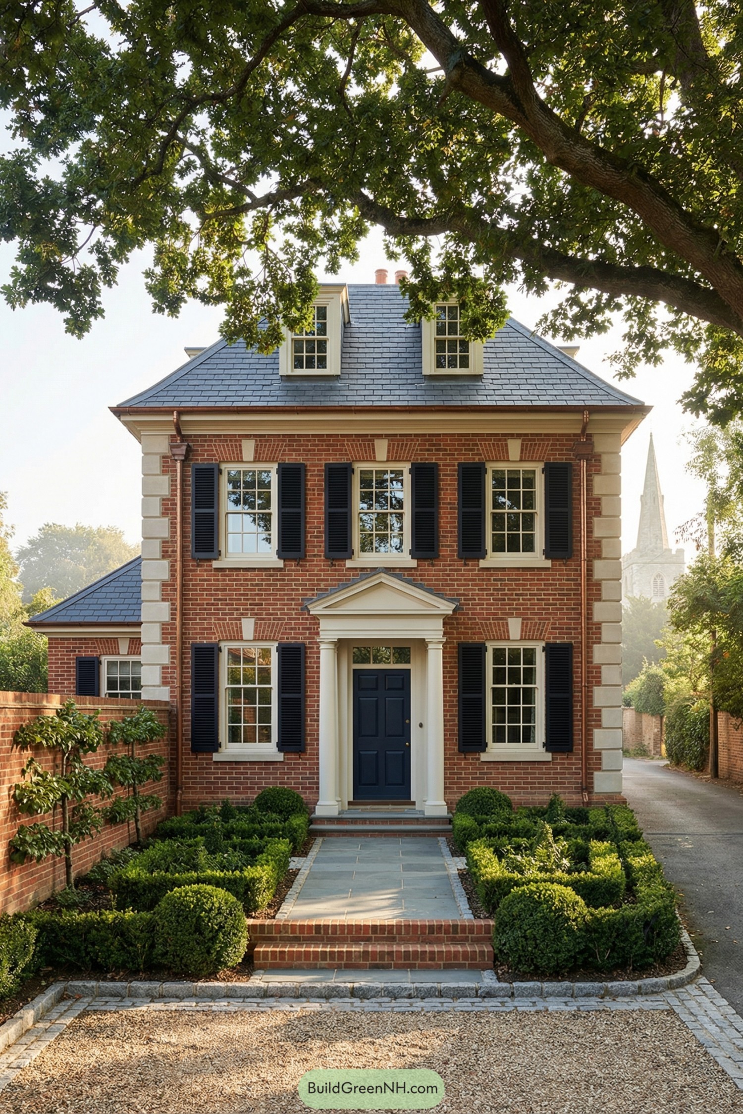 Symmetrical red brick townhouse with dormers