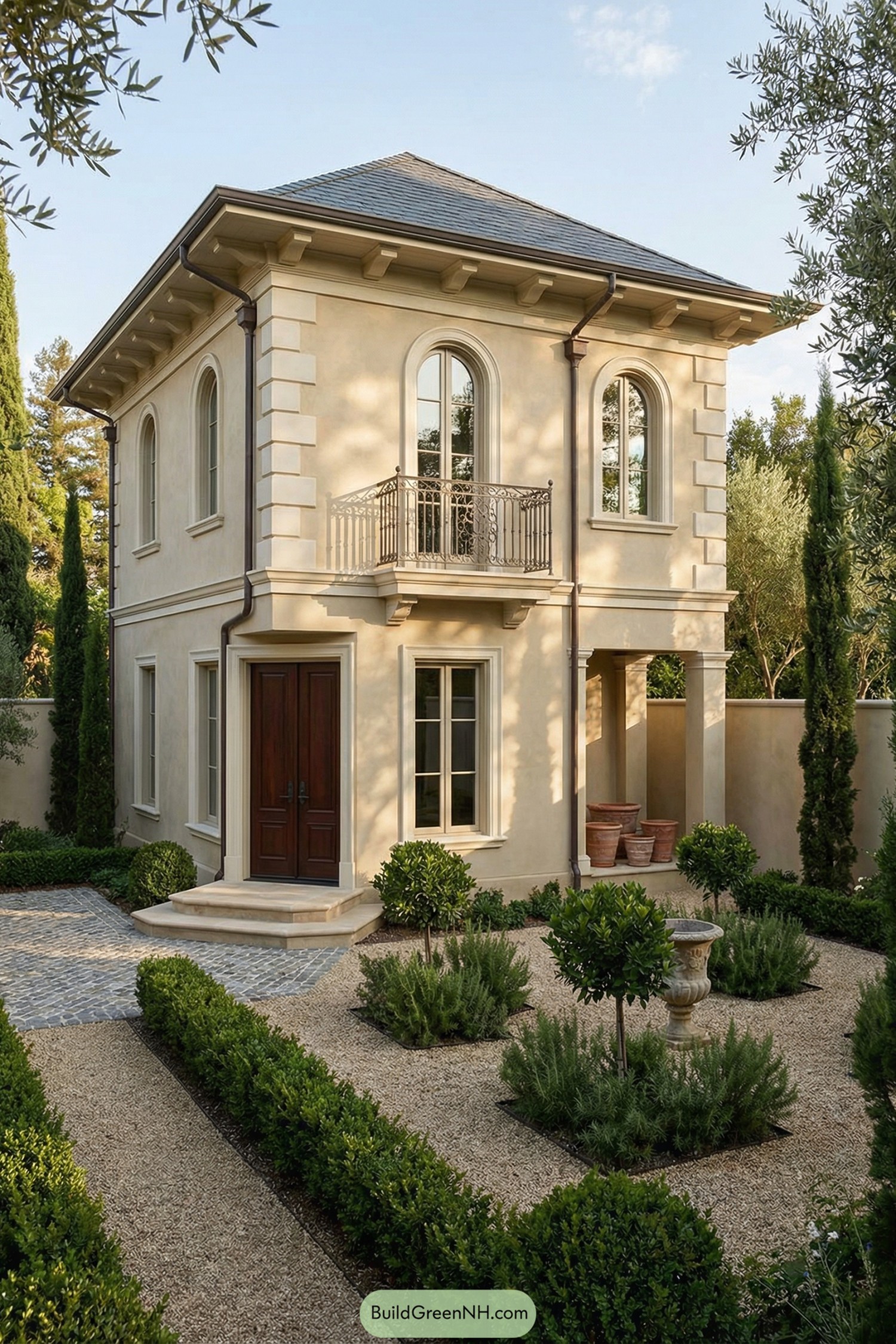 High-res photo of a small old money house in restrained Italianate villa style, stucco facade with subtle corner quoins and a pronounced bracketed eave, pale sand stucco with cream trim and dark bronze metal accents, compact two-story rectangular block with a shallow central projection, smooth lime stucco over masonry with crisp molded details, low-pitched hipped roof in dark gray slate with wide overhang and decorative brackets, tall narrow windows with arched tops and thin divided panes, deep mahogany double entry doors beneath a small stone balcony with wrought-iron balustrade, shallow stone steps to a patterned cobblestone apron and a clipped hedge-lined approach, small side loggia with square columns and a terracotta pot grouping, formal gravel garden with rosemary, bay topiaries, and a central stone urn, cypress and olive trees set against a high stucco garden wall, late-afternoon sun filtering through leaves creating patterned shade, single real-life photo, high-resolution, architectural photography, soft lighting, cinematic composition, strictly no collages.