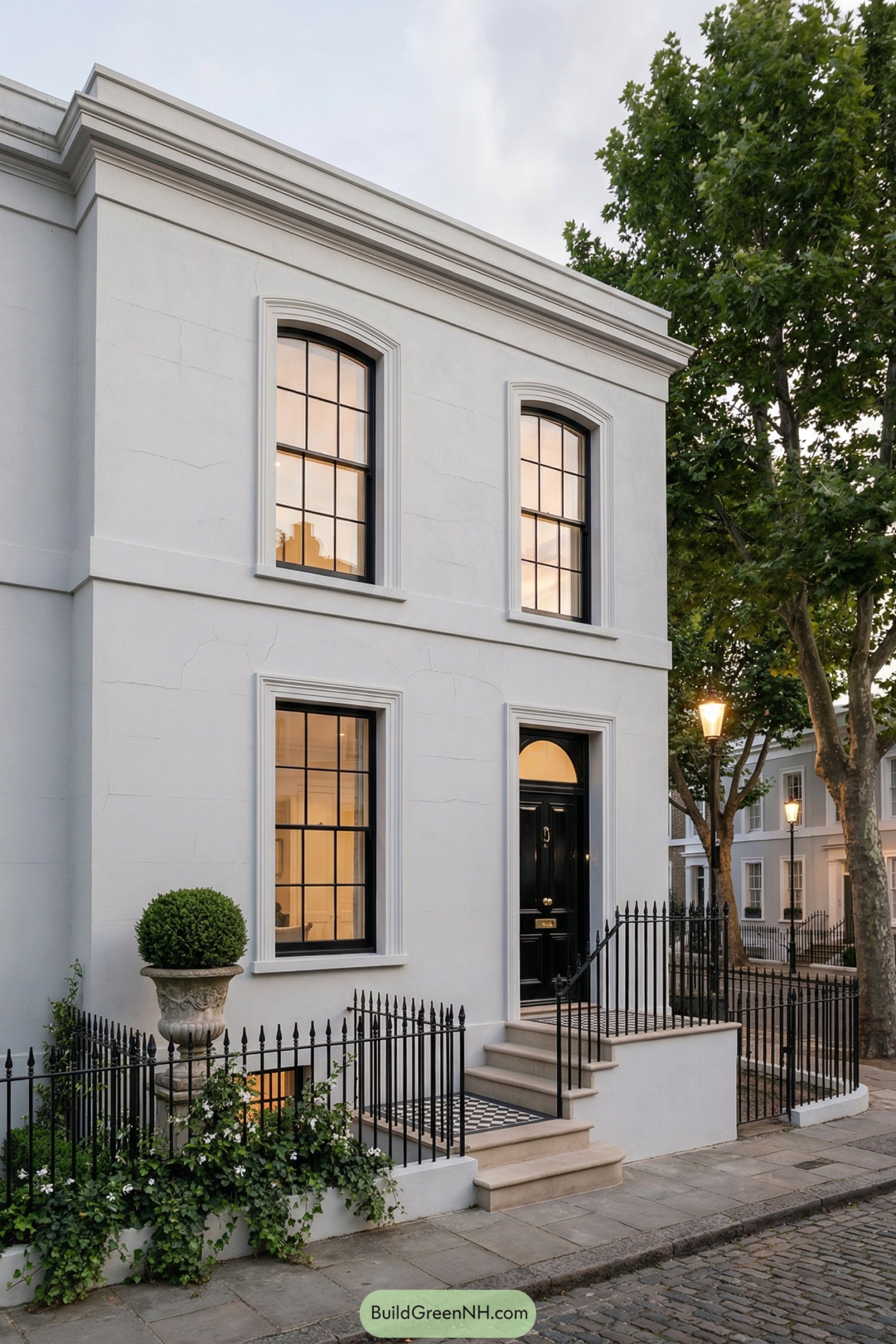 White stucco townhouse with tall black windows, black front door, and wrought iron railings along a cobbled city street