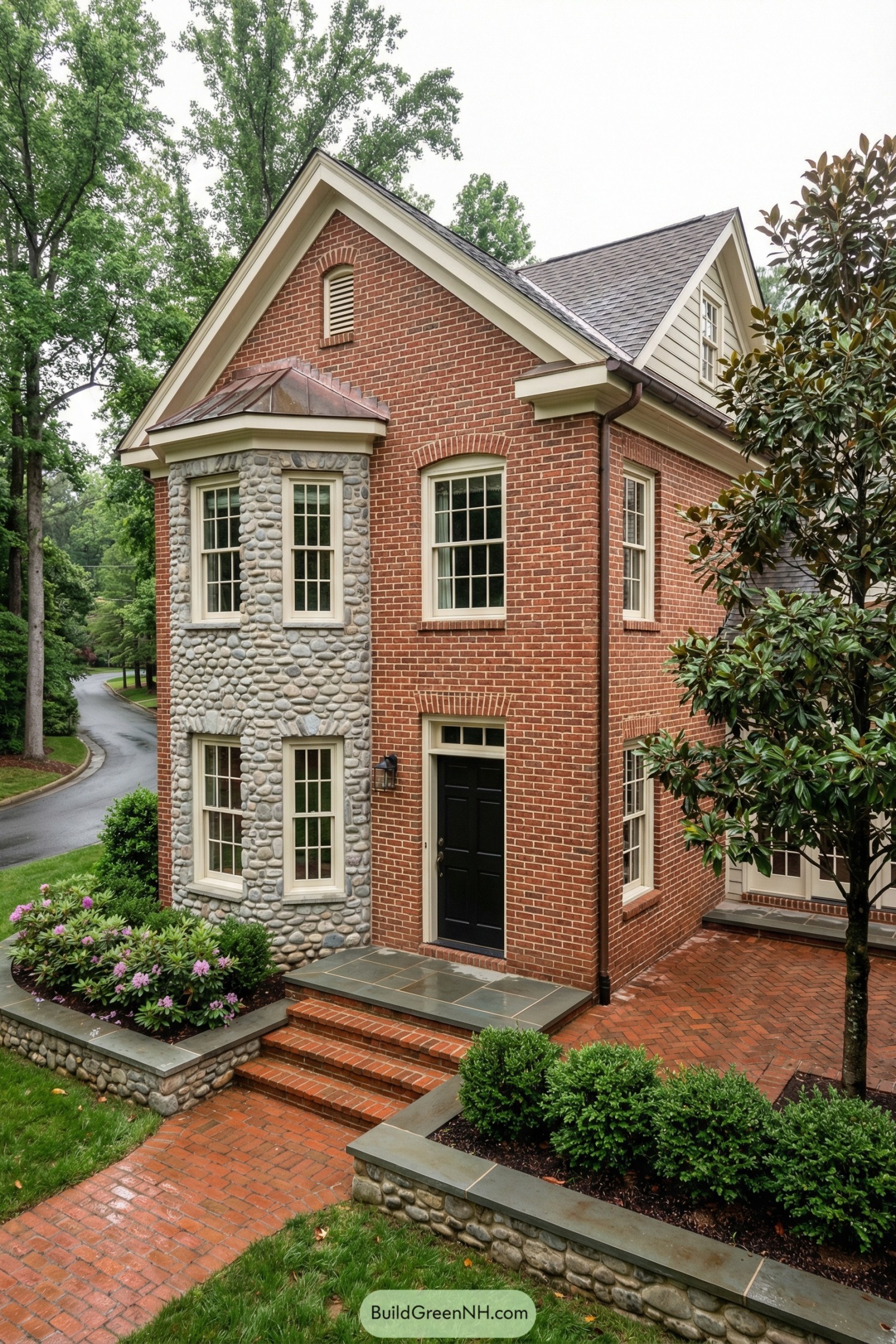 Classic red brick house with rounded river-stone bay, black front door, and manicured front walk