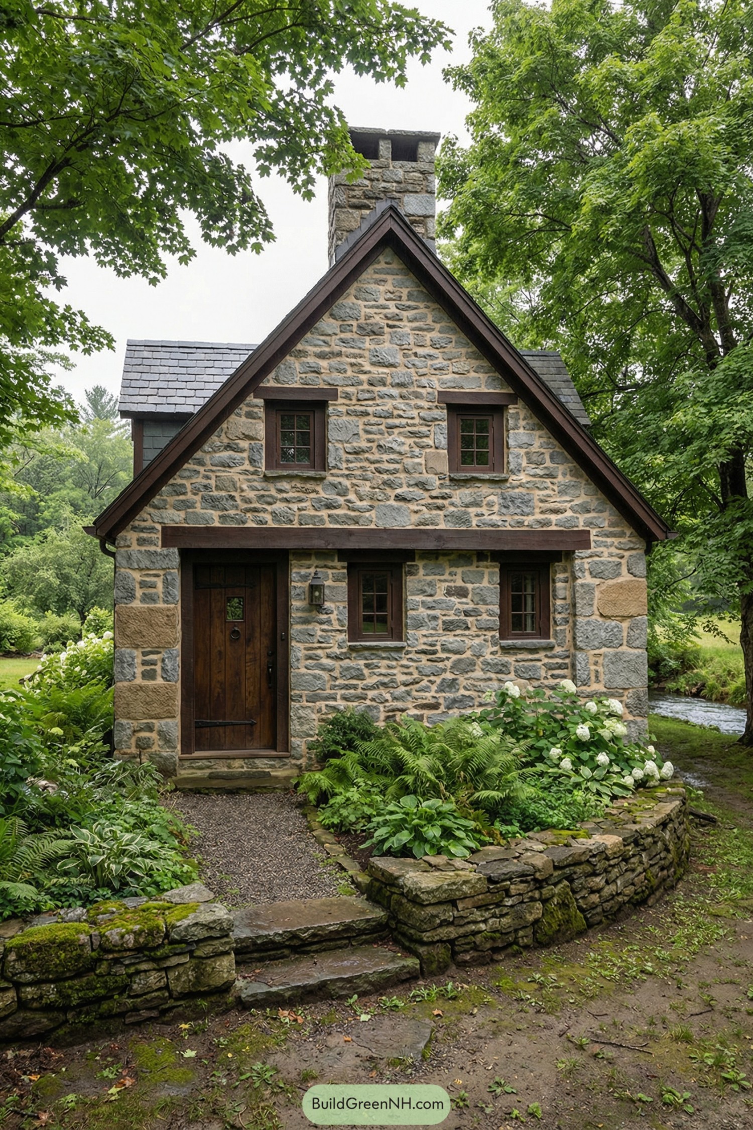 Small stone cottage with steep slate roof surrounded by greenery