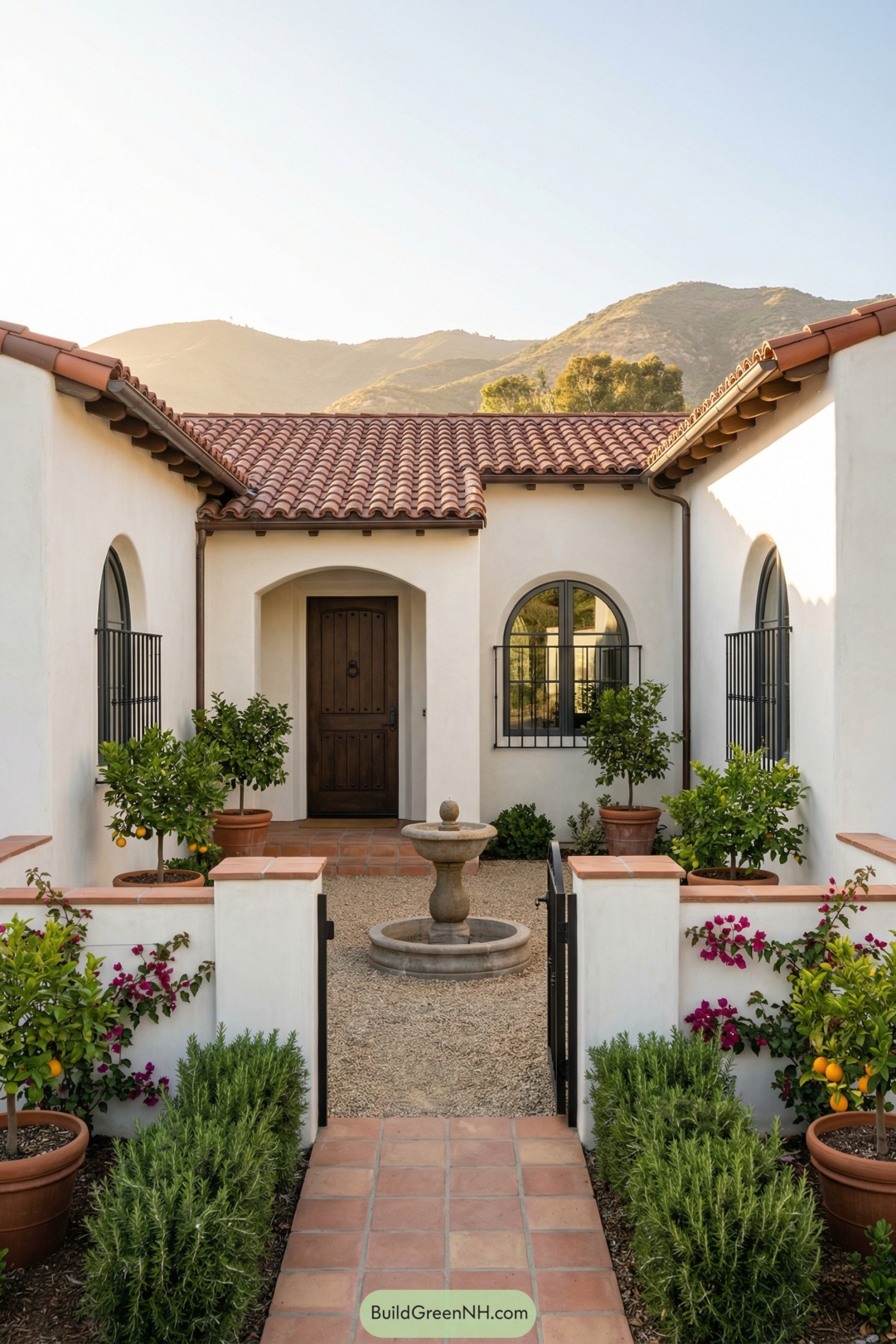 White stucco courtyard home with red tile roof, central fountain, and potted greenery leading to a wooden front door