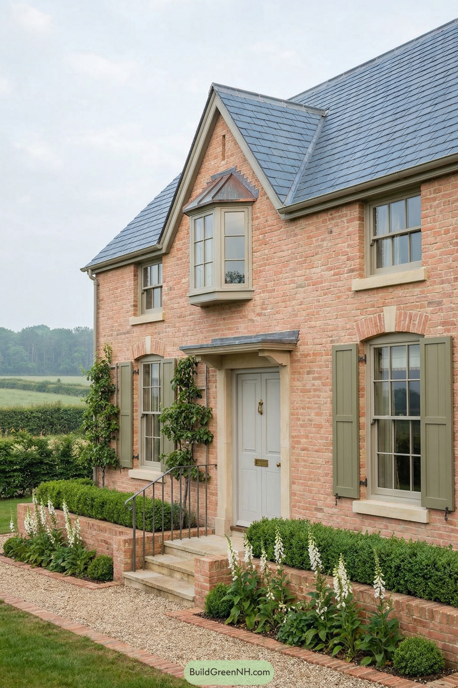 Brick country house with slate roof and neat front garden
