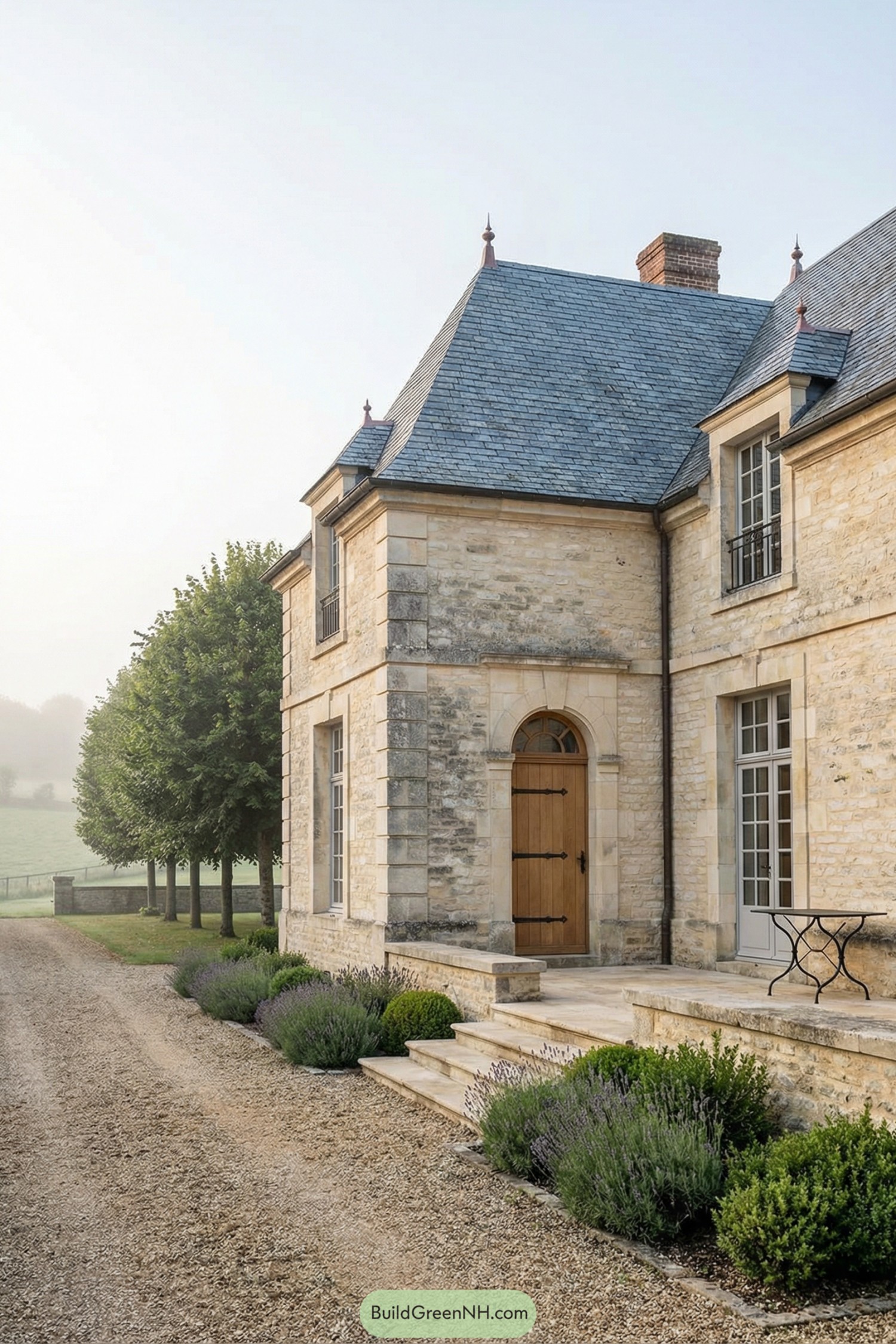 Stone farmhouse style home with steep slate roof and arched wooden door