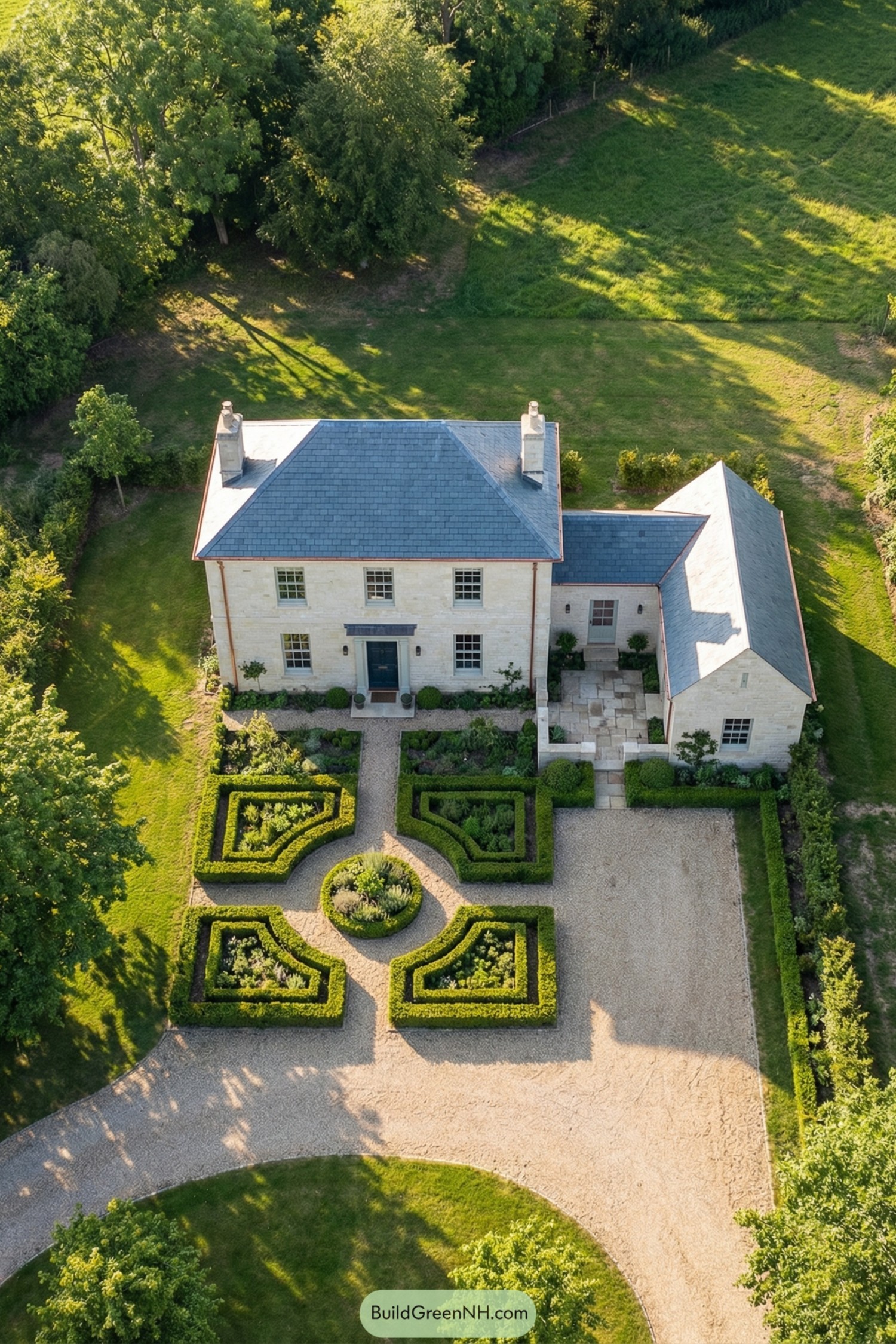 Aerial view of a compact stone manor with a formal parterre front garden and gravel drive