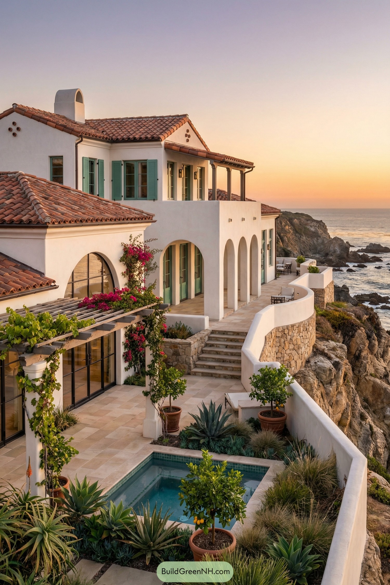 White stucco Spanish villa perched on a rocky coast with terraced gardens and a small pool