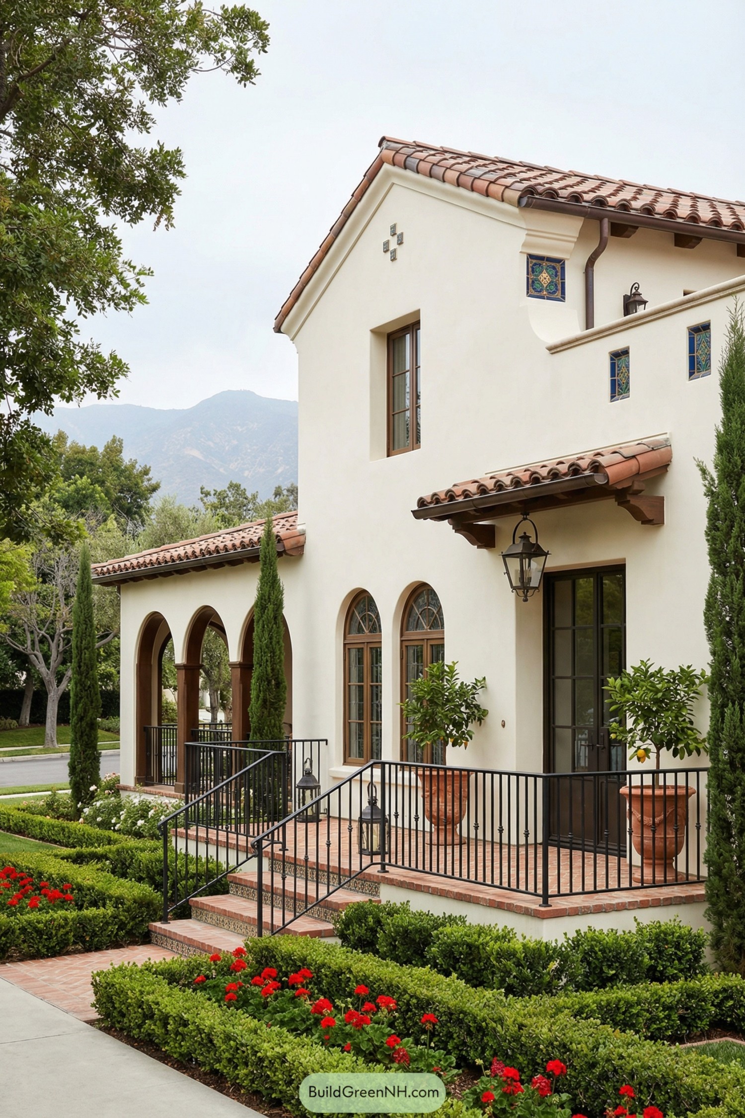 Spanish style house with arched loggia and manicured front garden