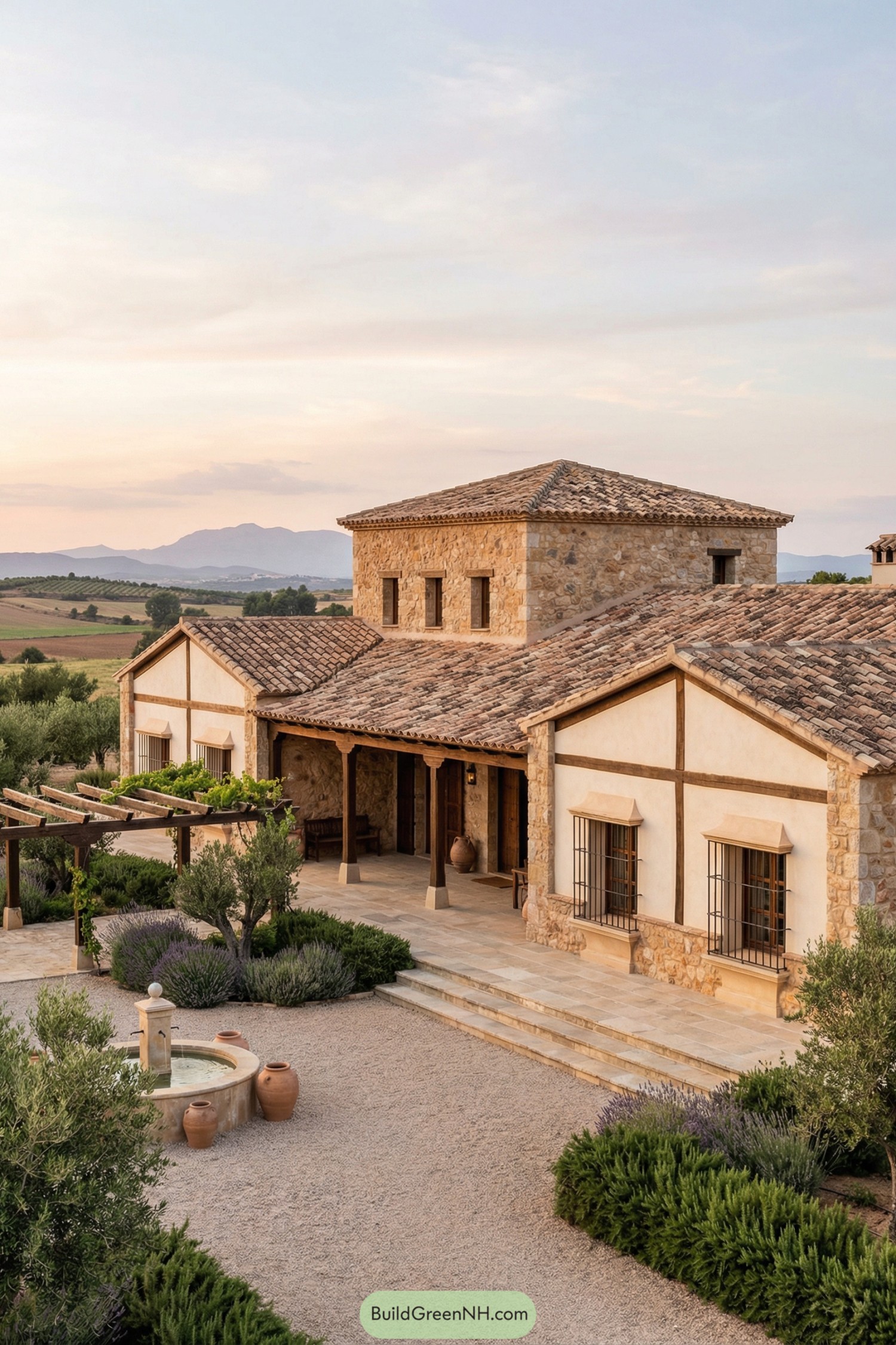 Rustic stone Spanish house with gravel courtyard, central fountain, pergola, and shrubs