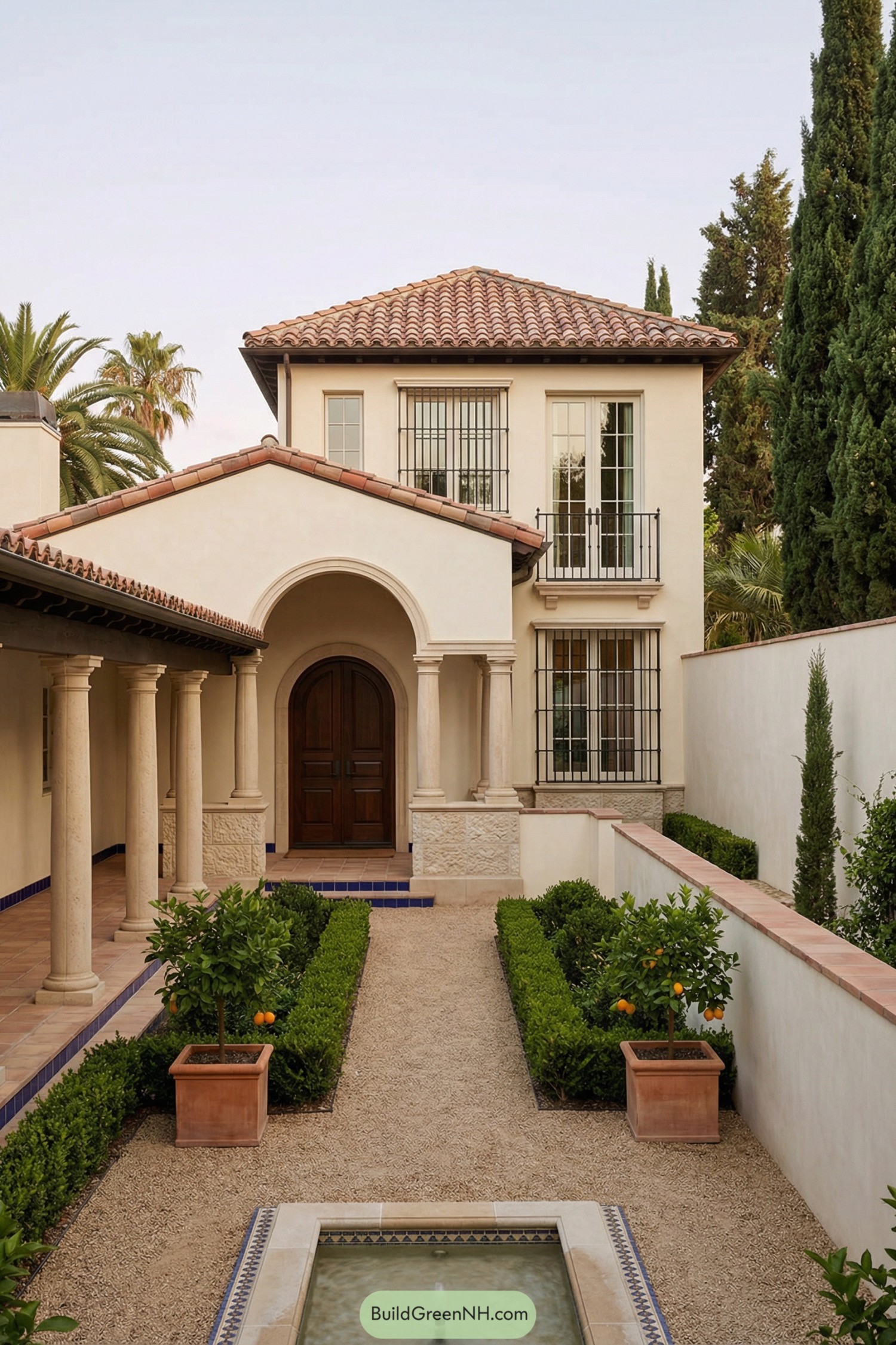 Stucco Spanish villa with arched entry, columned walkway, and formal citrus courtyard