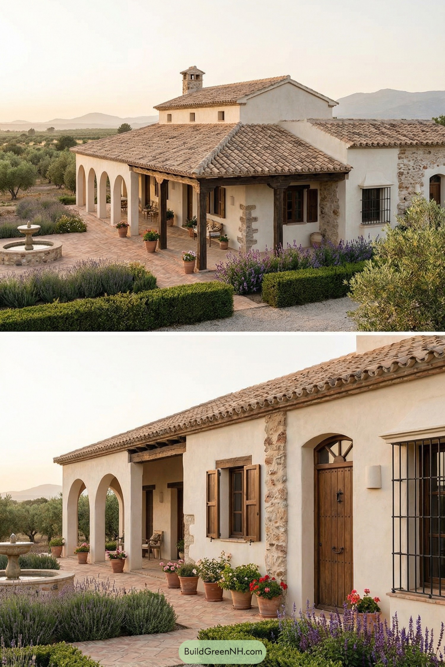 Spanish country house with tiled roof, arches, and lavender-lined garden paths