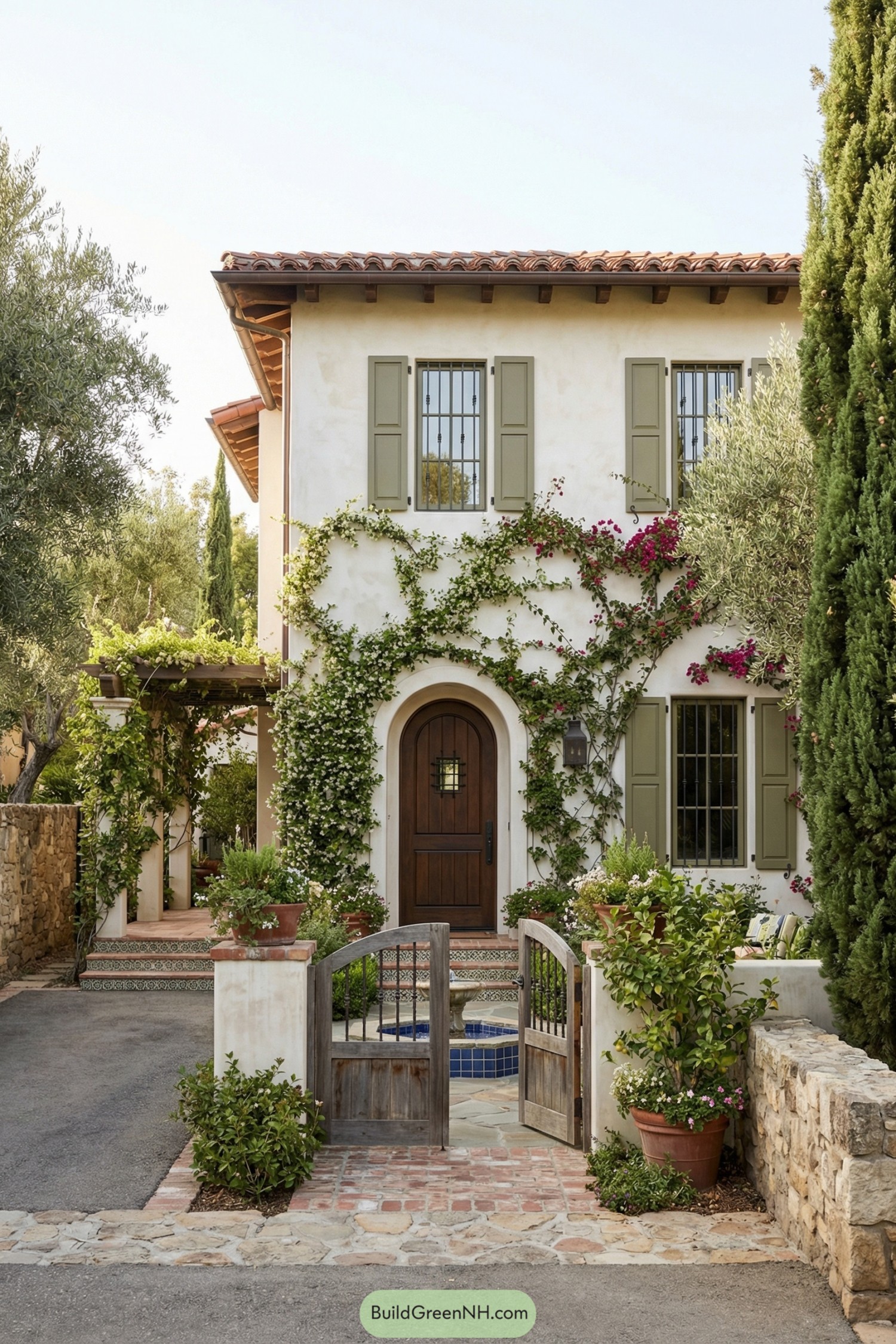 Spanish style home with climbing vines, tiled entry steps, small fountain, and lush front garden