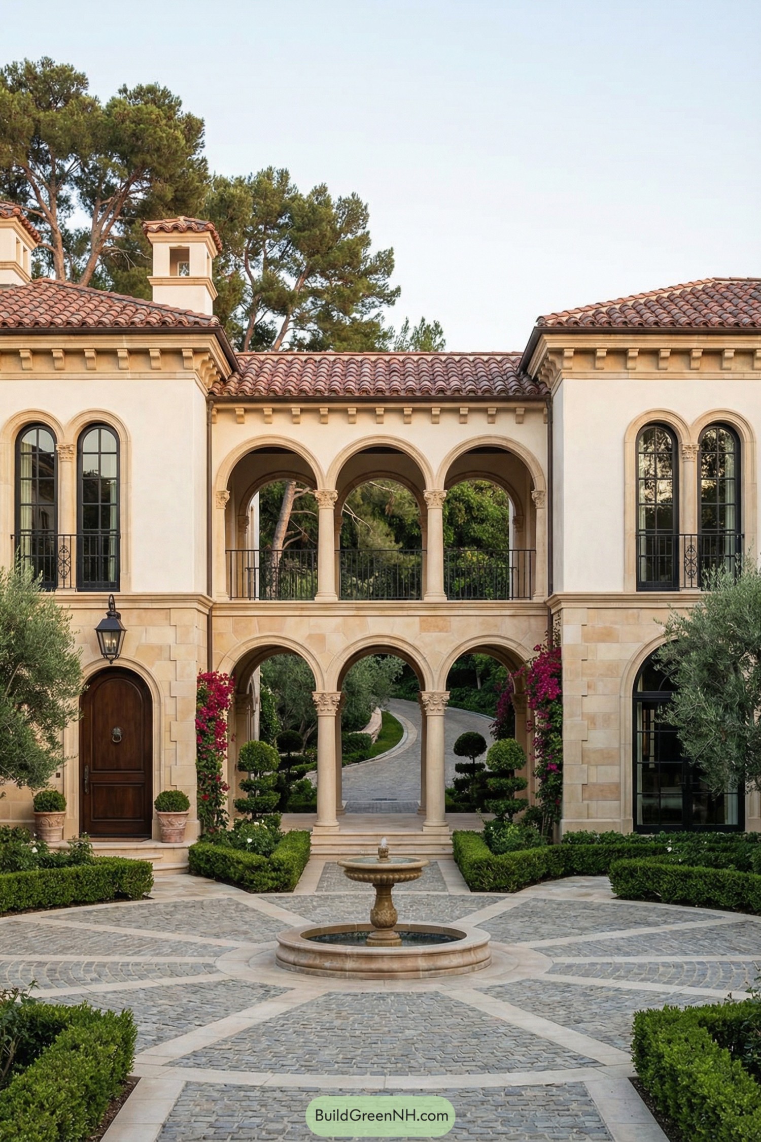 Mediterranean style courtyard with arched passage, stone fountain, and manicured garden beds