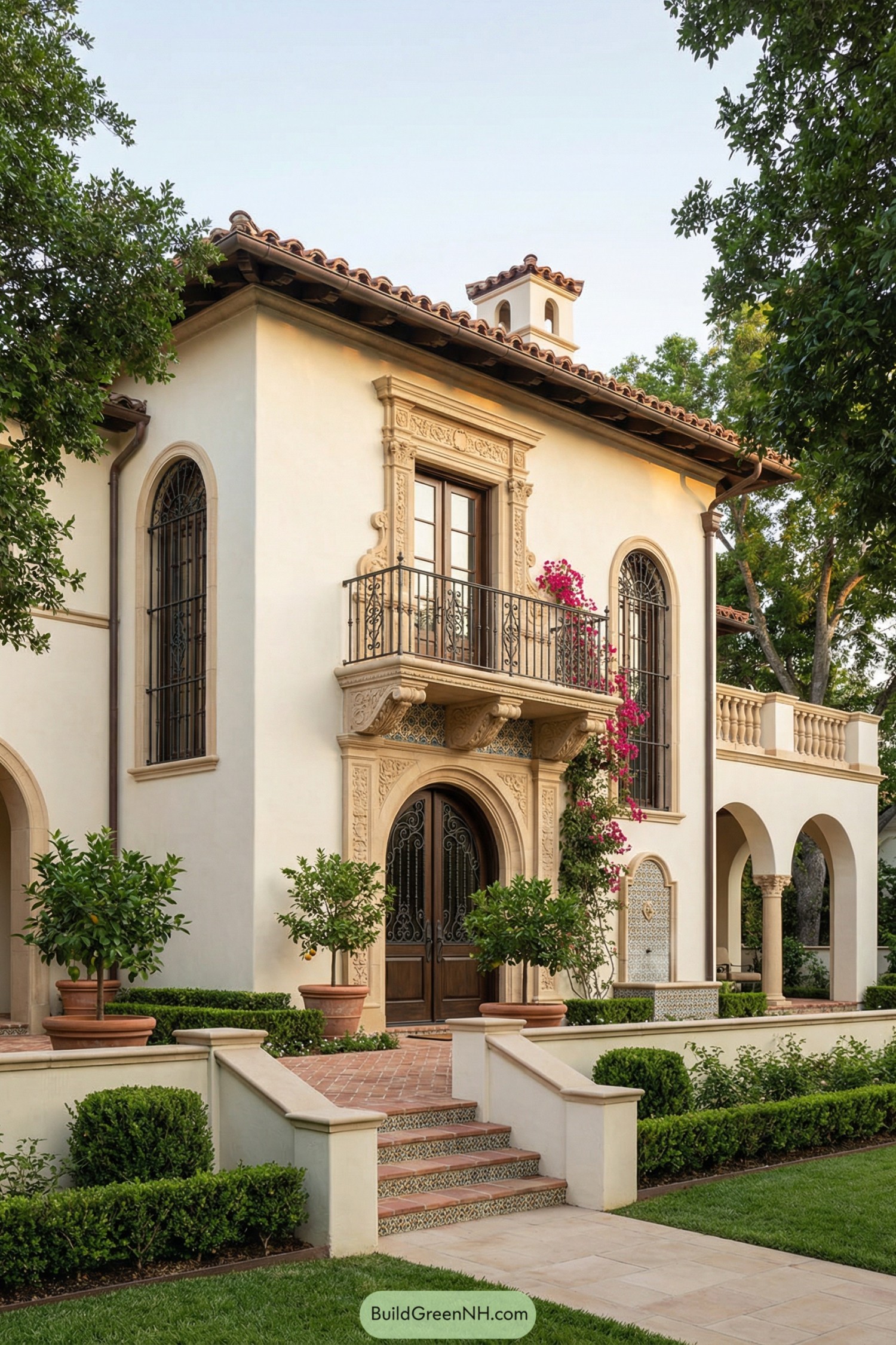 Two story Spanish style home with ornate balcony, arched doors, and manicured front garden