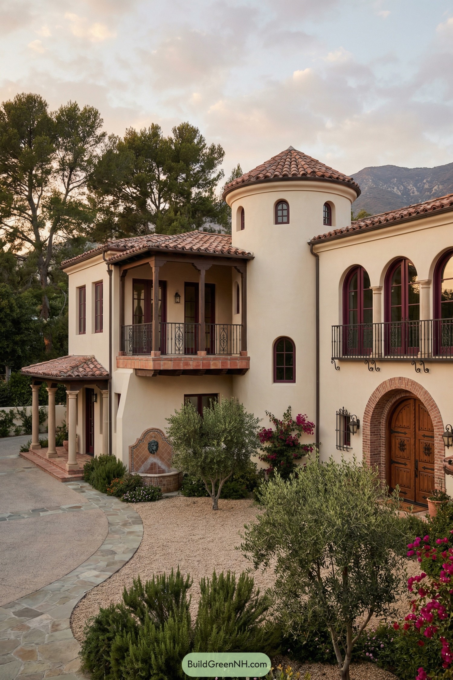 Spanish-style villa with round tower, arched balconies, and drought-tolerant courtyard garden