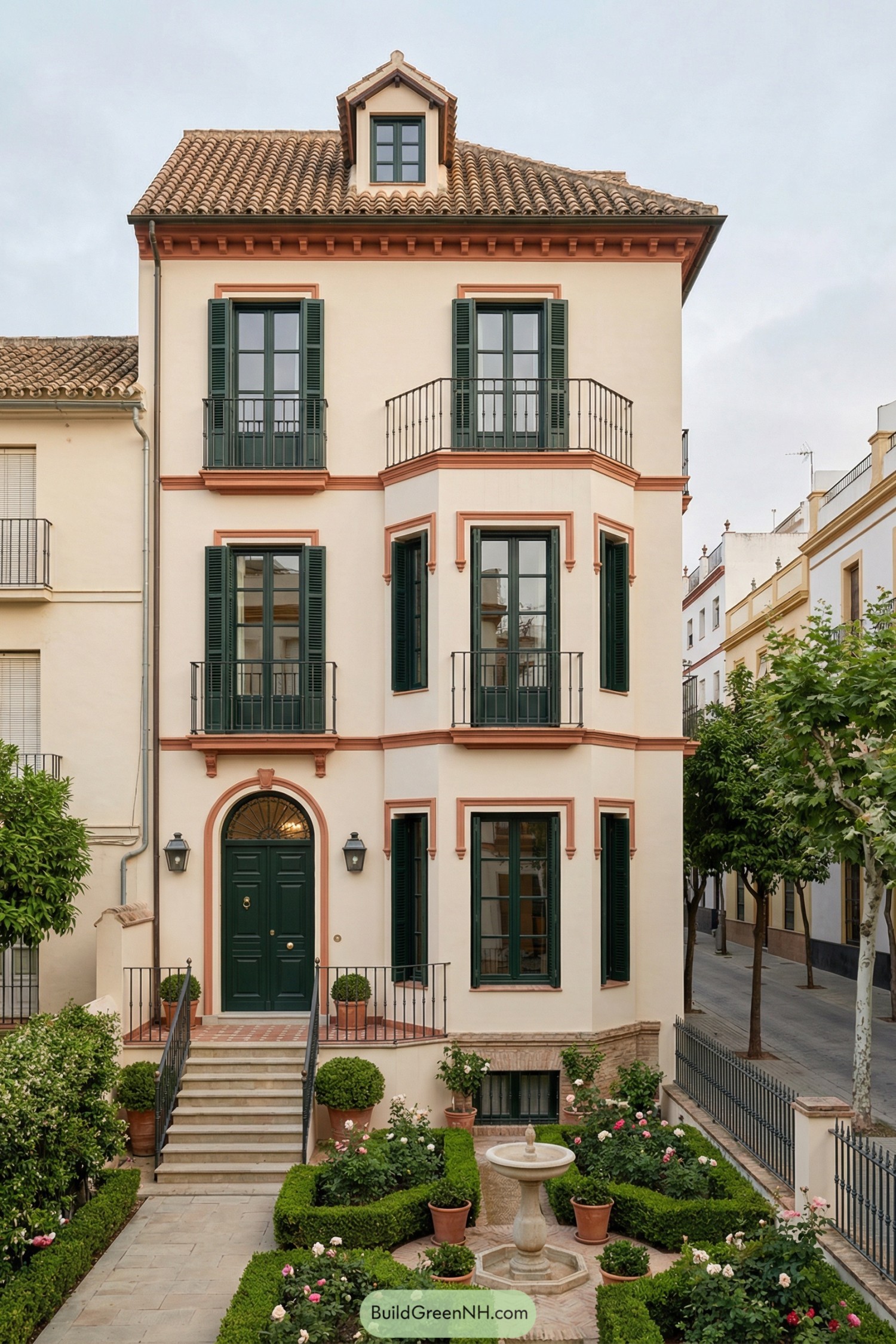 Three story Spanish townhouse with formal front garden and central stone fountain