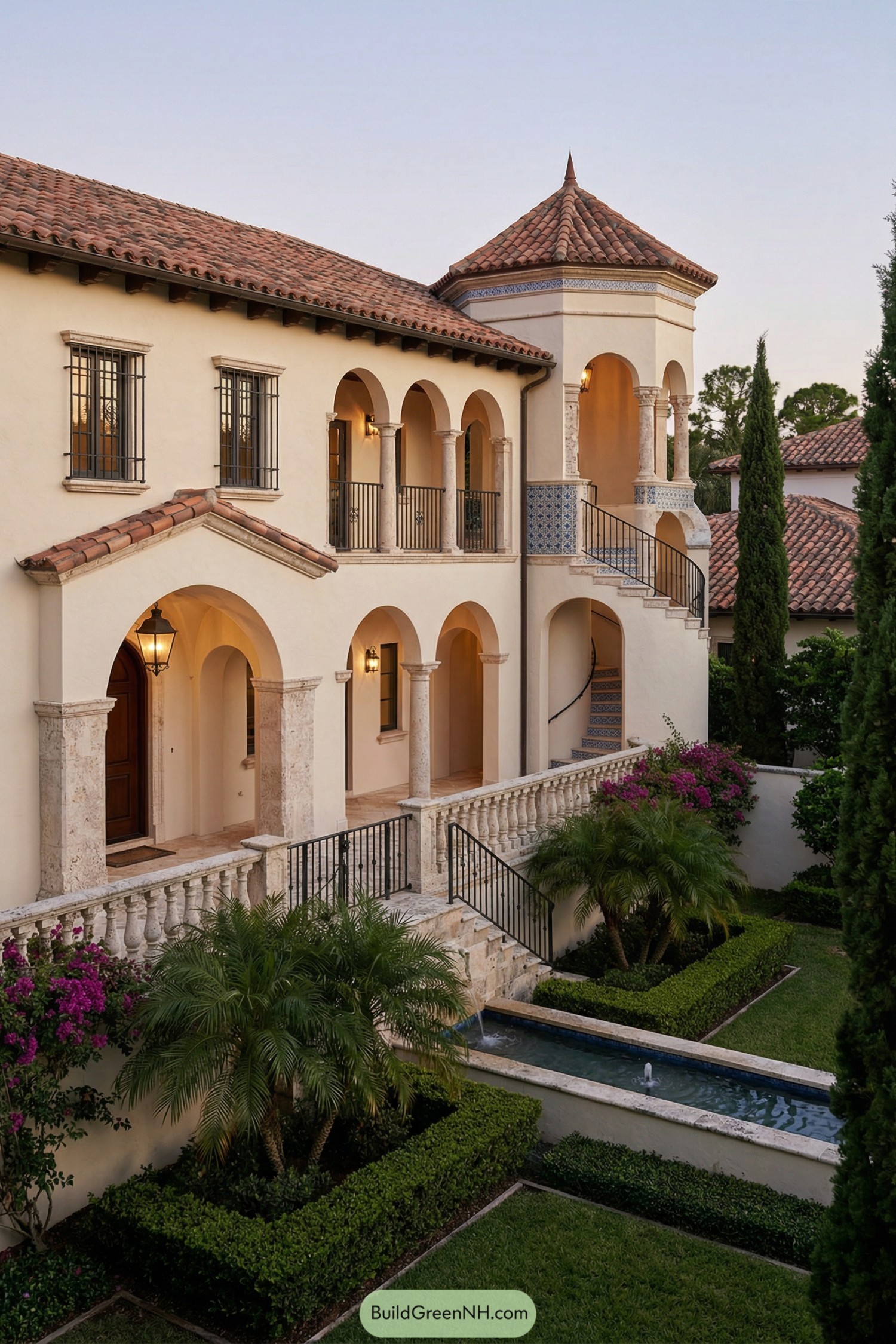 Two story Spanish style home with arcaded balconies a tower staircase and a narrow garden water feature