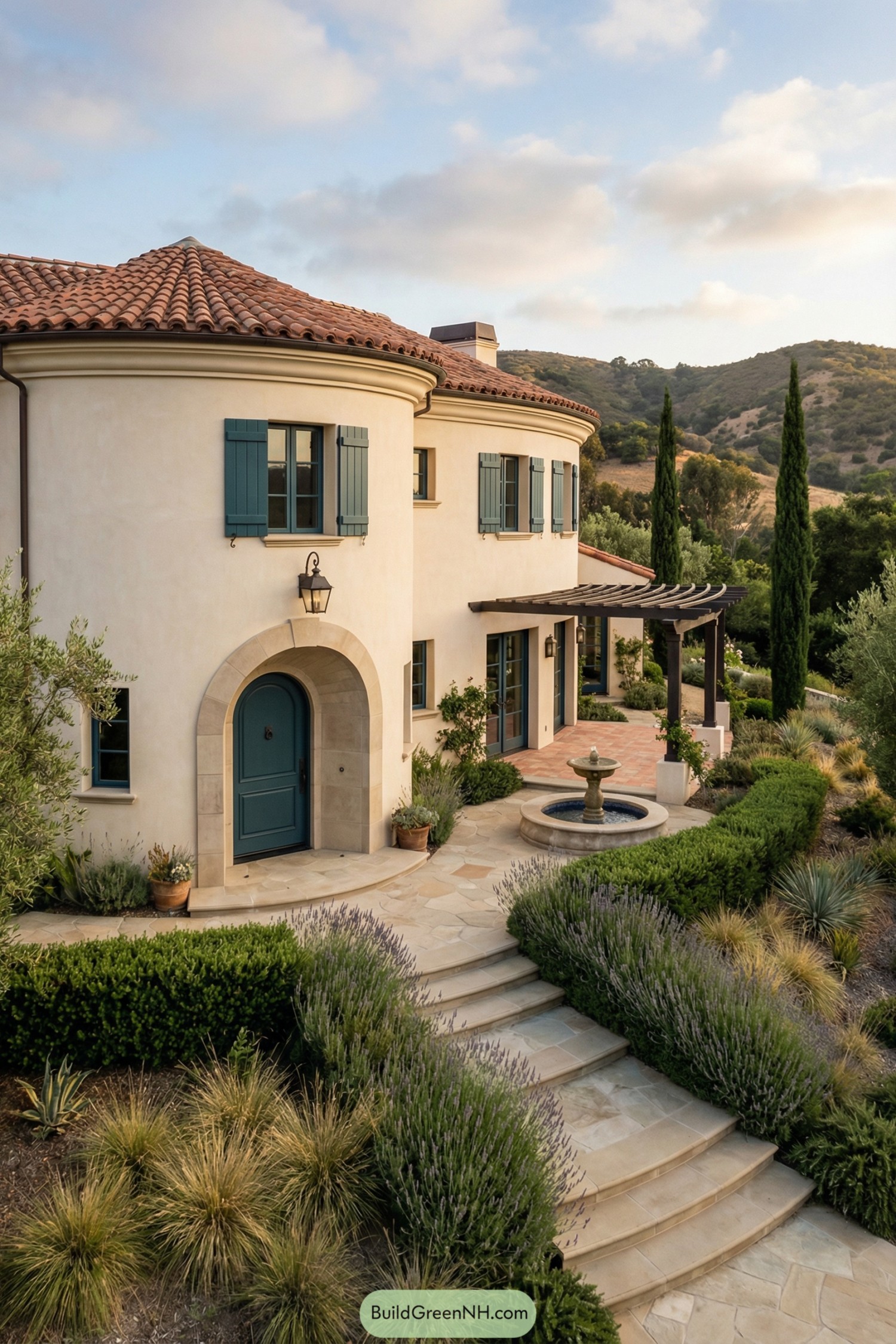 Cream stucco Spanish style home with blue shutters, terracotta roof, and terraced garden pathway lined in lavender leading to a central fountain