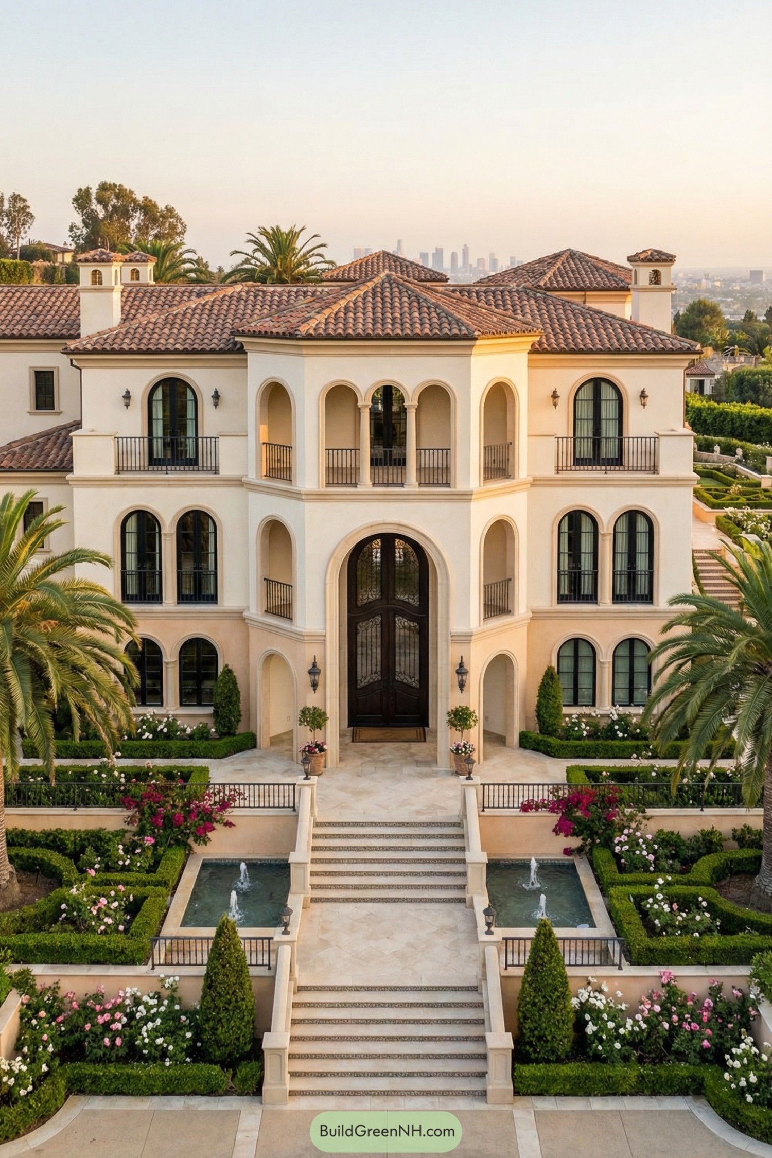 Three story Spanish style villa with terraced formal gardens and twin entry fountains
