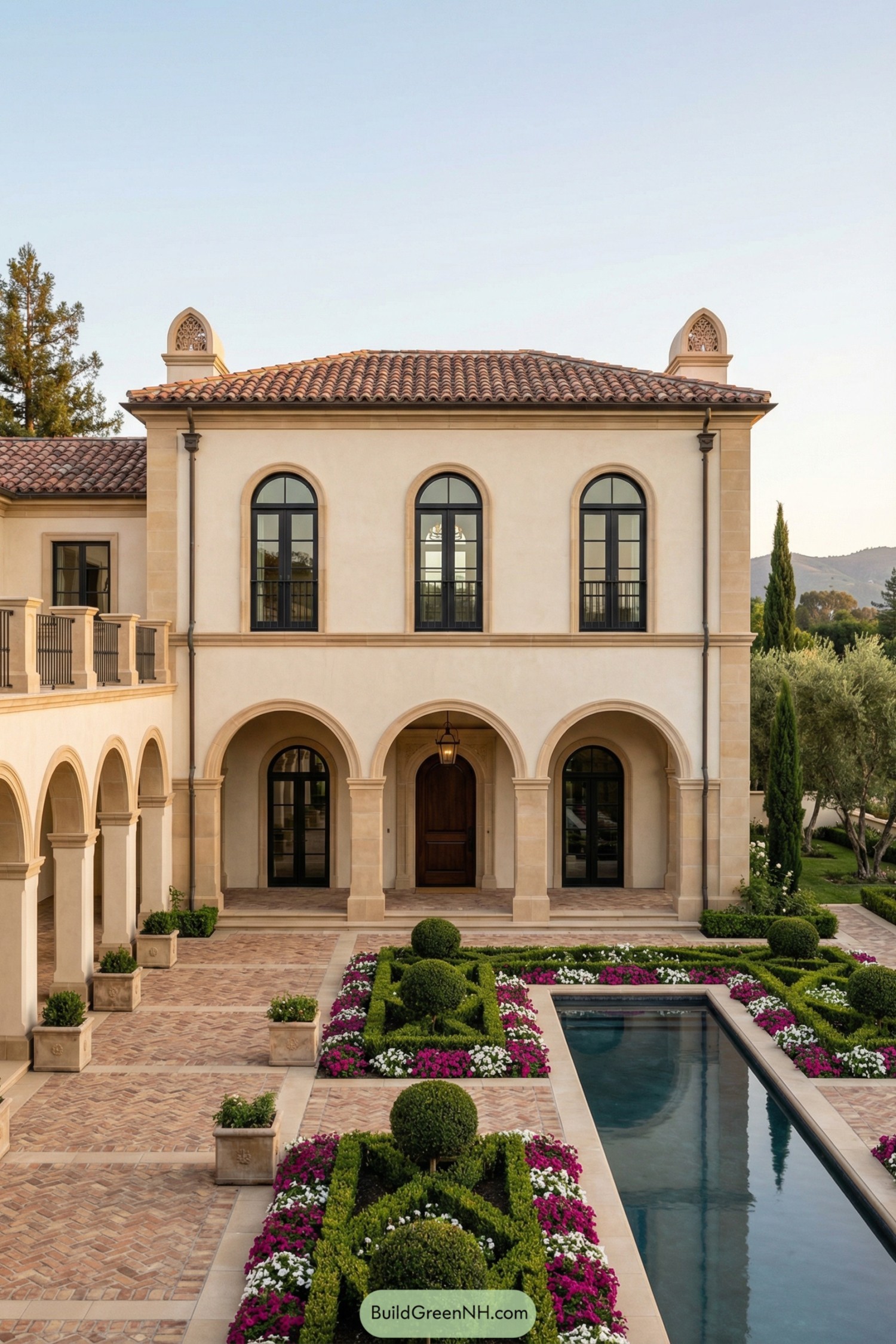 Two story Spanish style villa with arched arcade, manicured parterre garden, and long reflecting pool. Symmetrical façade with clay tile roof and tall black framed windows