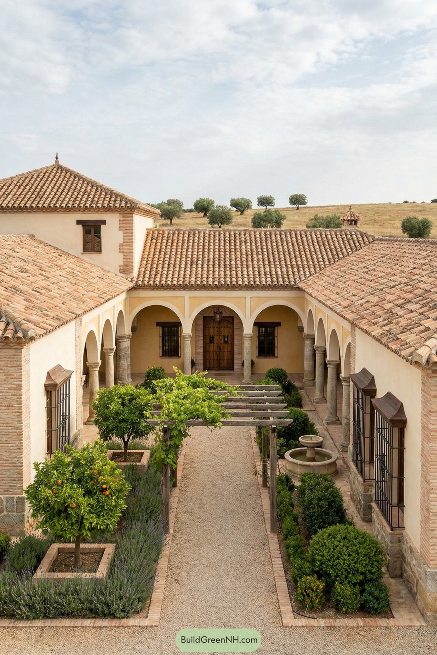 Spanish courtyard home with gravel path pergola and orange trees