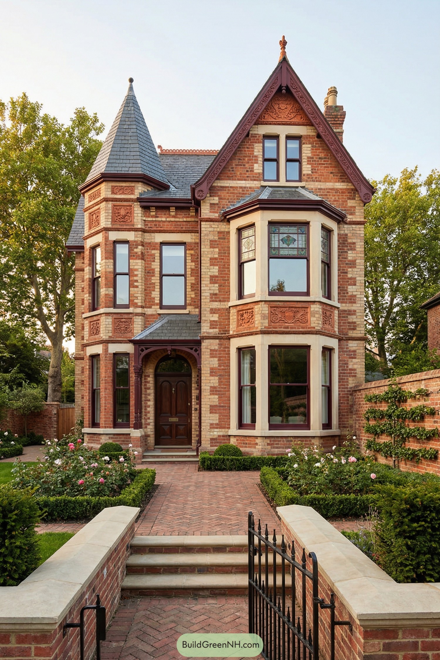 Tall brick Victorian house with turret, bay windows, and formal front garden