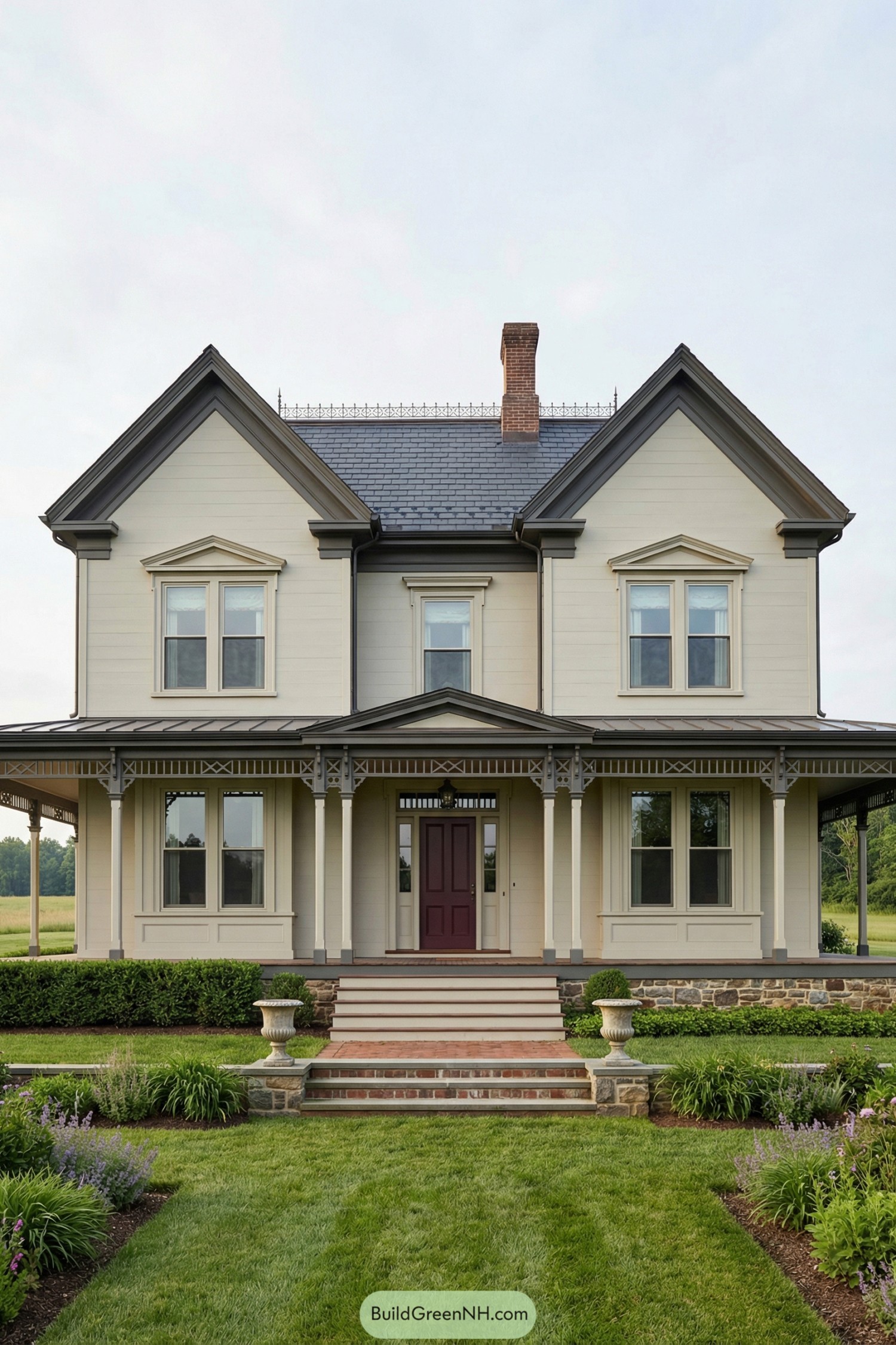 Cream gabled Victorian house with wraparound porch