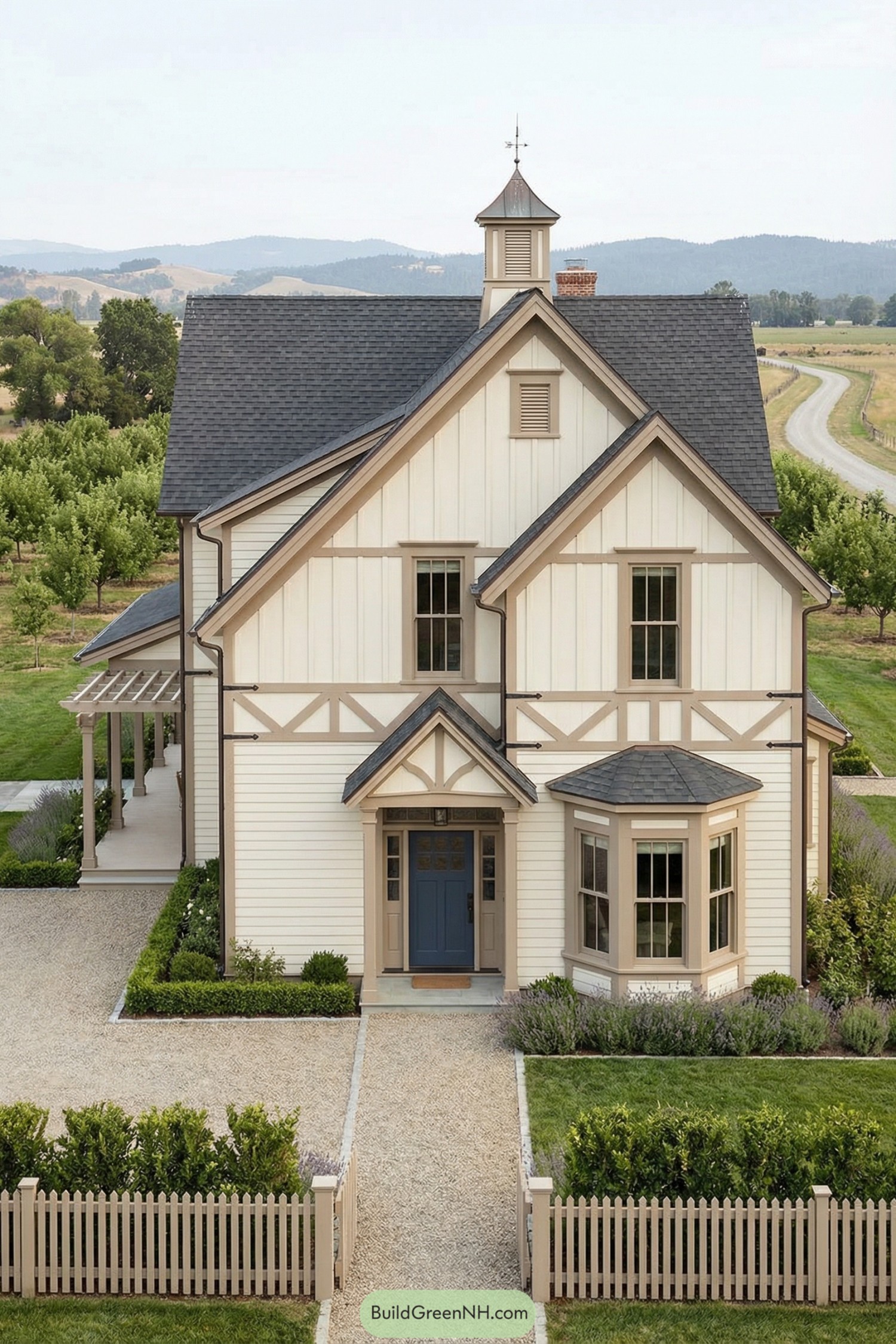Cream and taupe Victorian farmhouse with gables and cupola