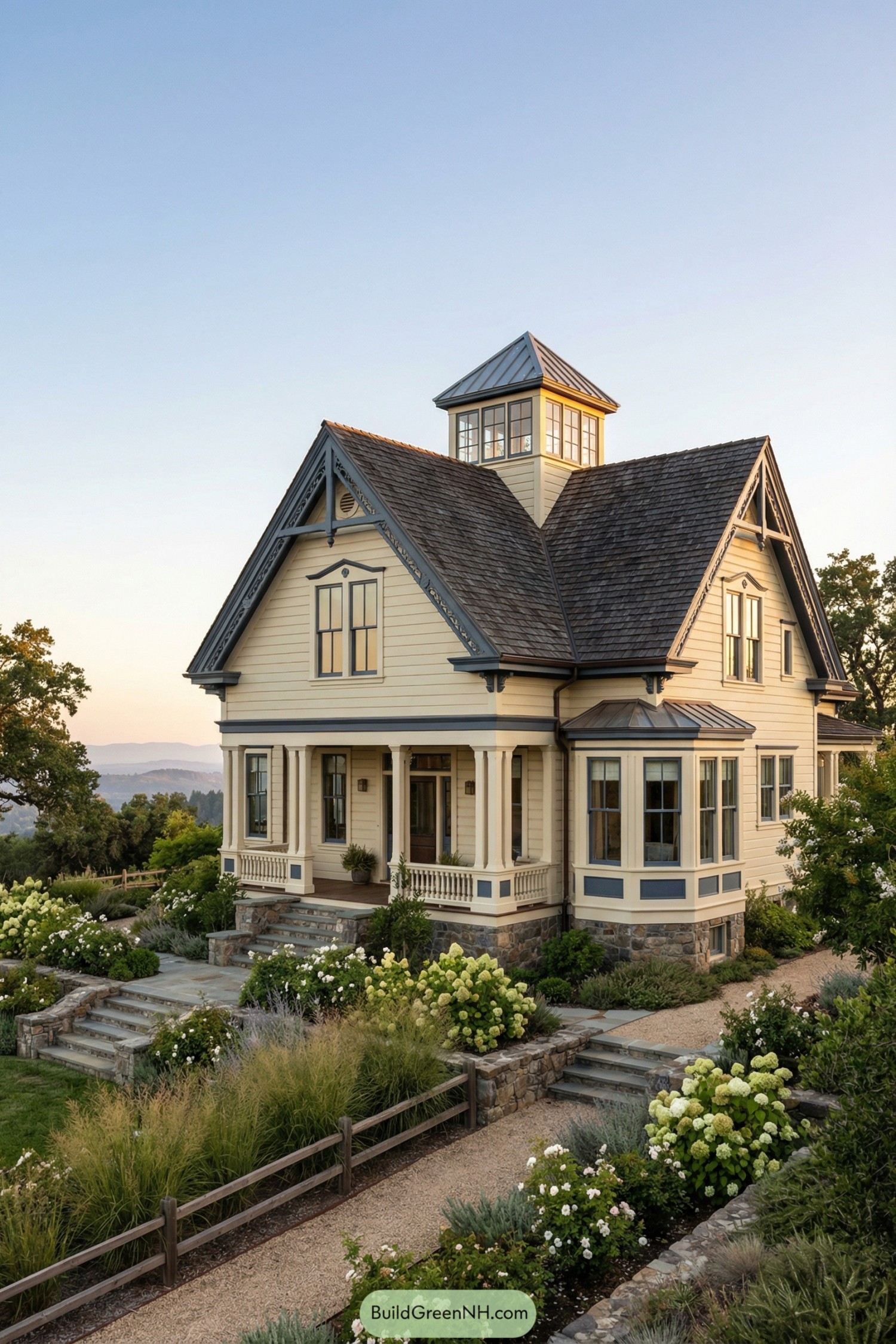 Cream painted Victorian style house with cupola, deep gables, and lush garden terraces